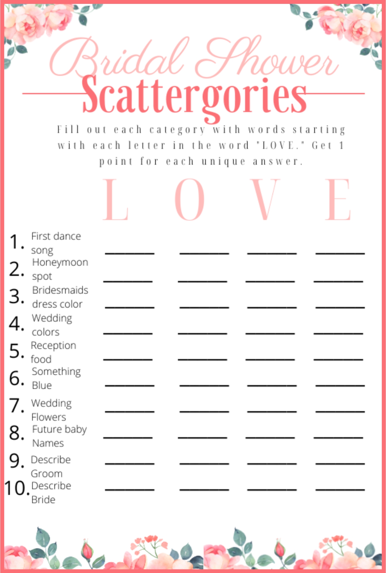 Bridal Shower Scattergories Free Printable