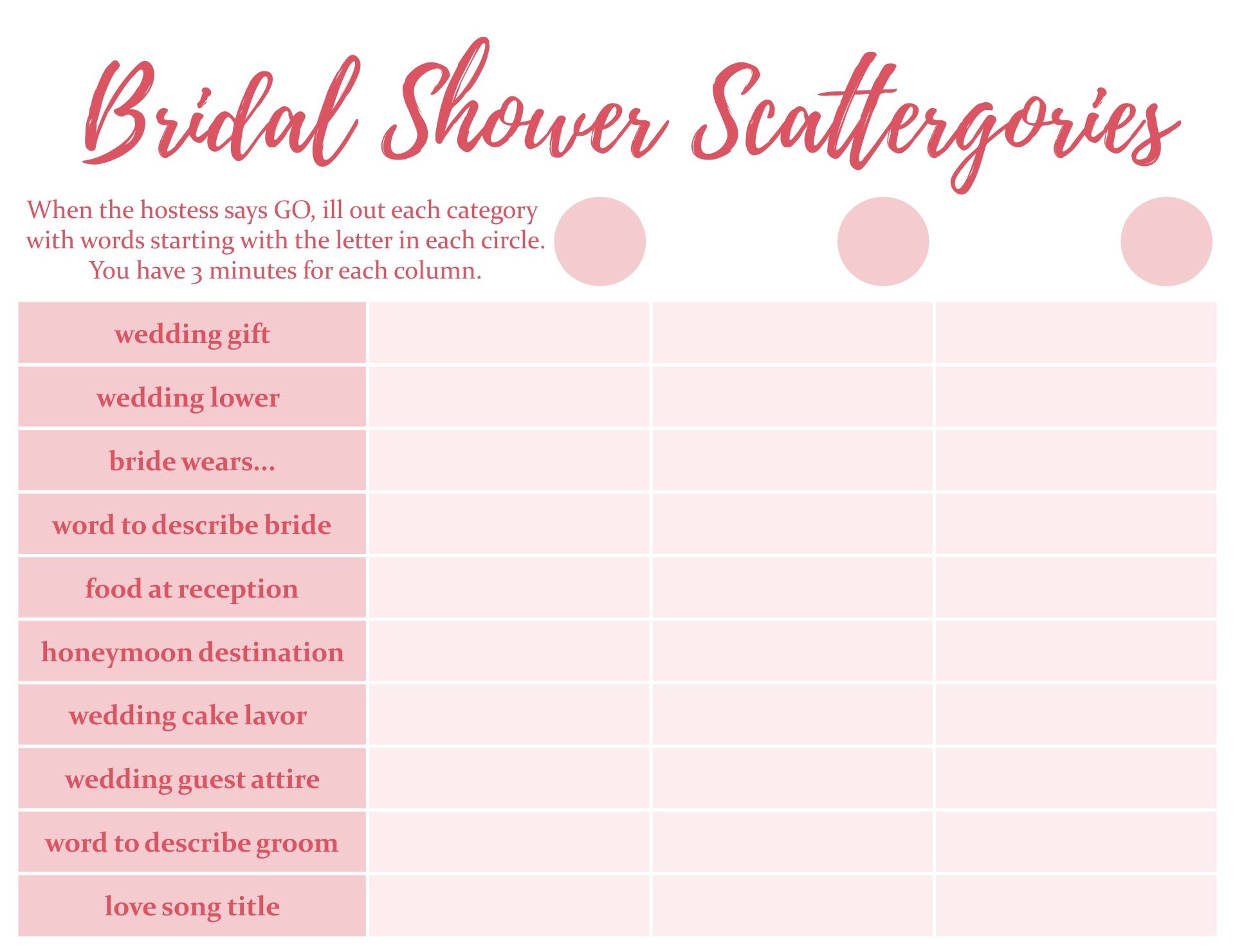Printable Bridal Shower Scattergories Game