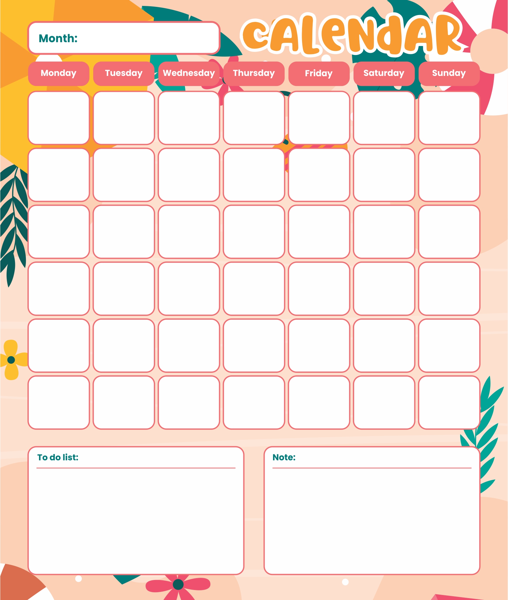 Printable Full Page Blank Calendar Template