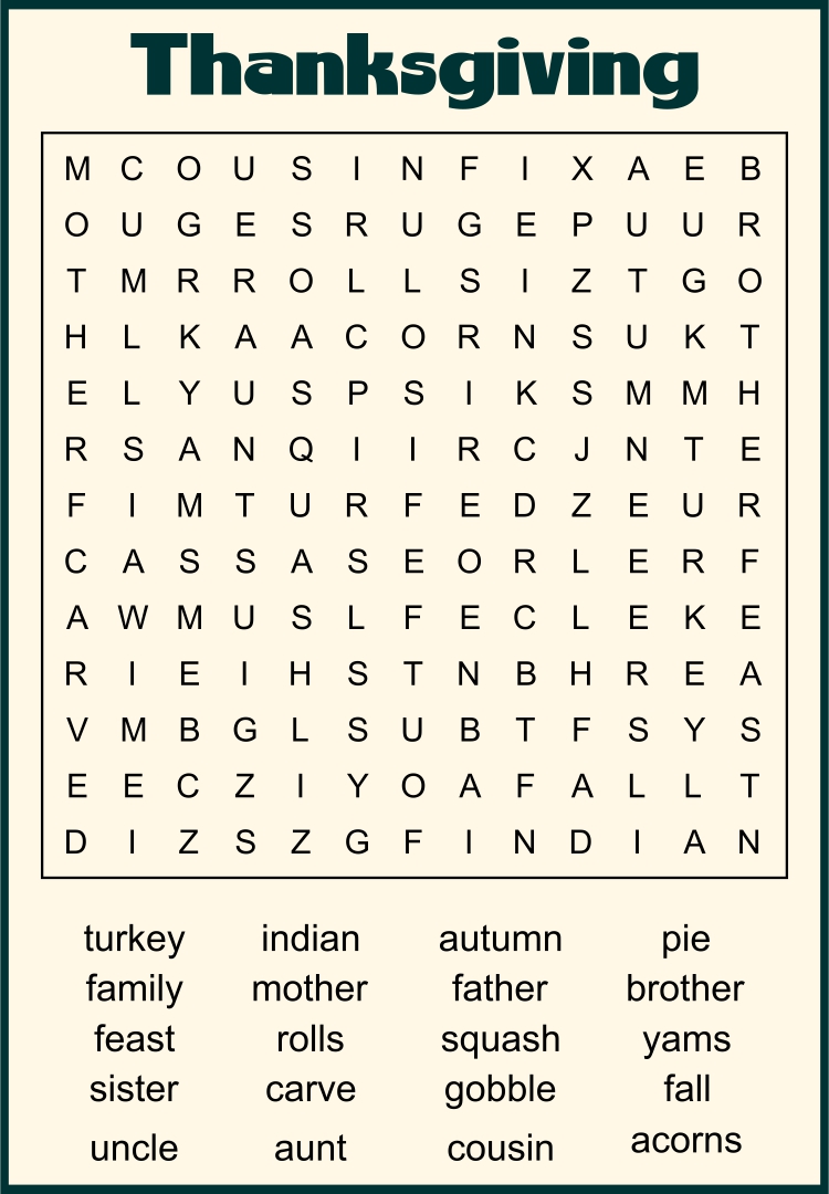 Printable Word Search For Thanksgiving