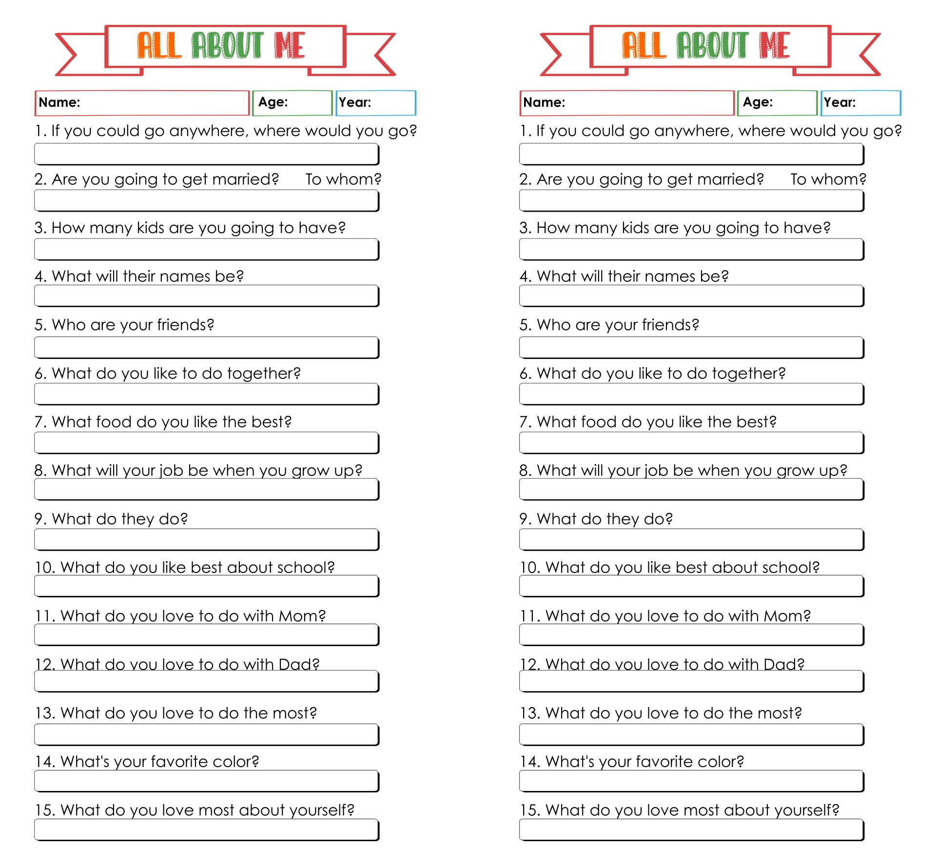 All About Me Questions for Kids Printable
