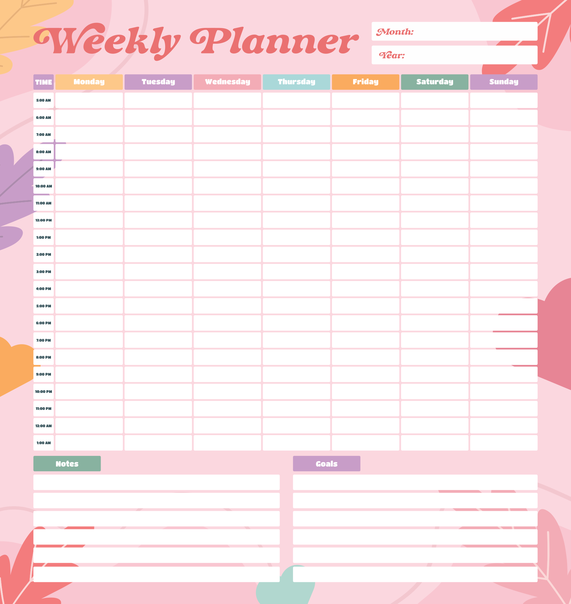 Weekly Hourly Planner Printable Printable World Holiday