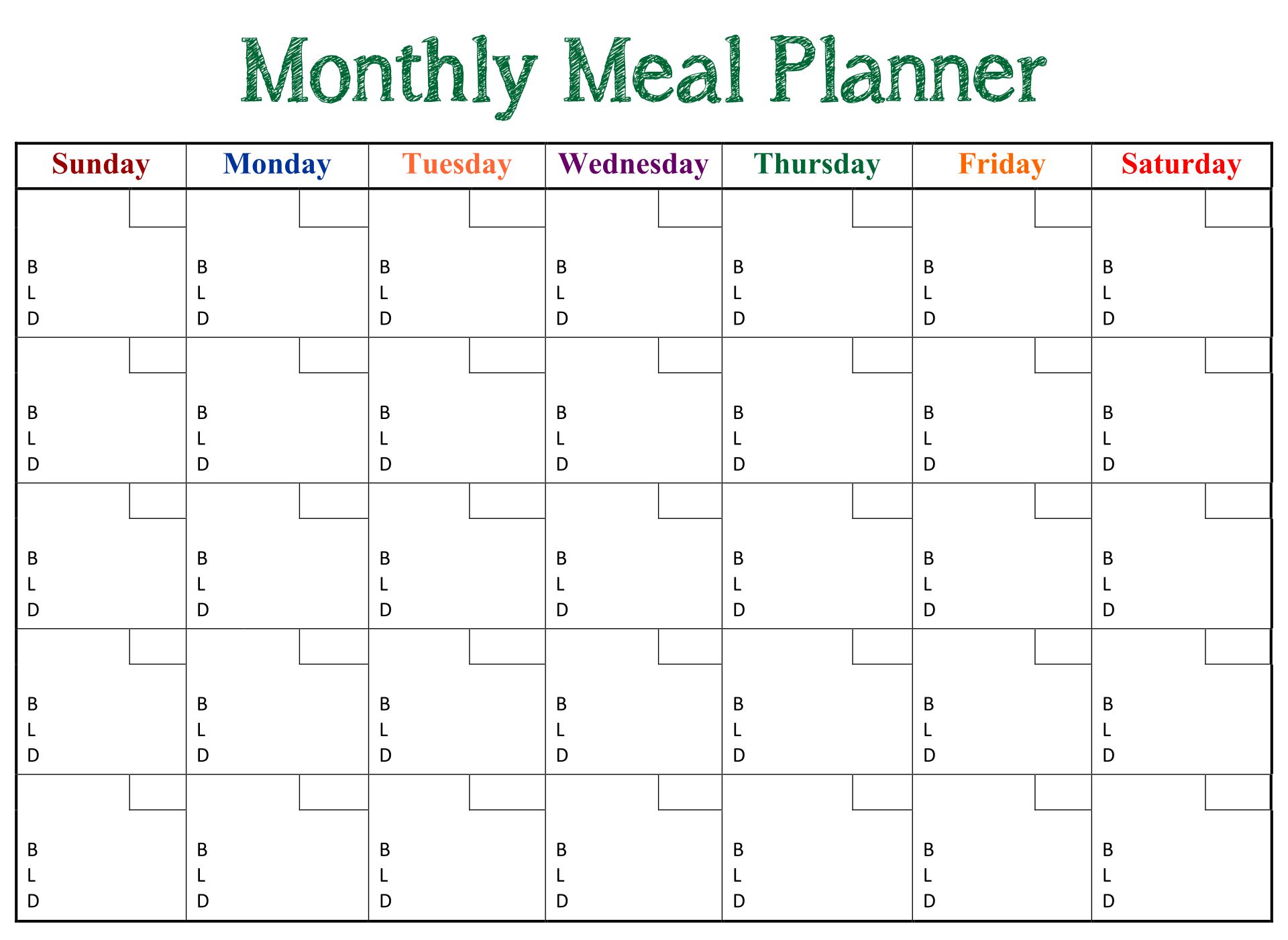 Meal Plan Calendar Template Word