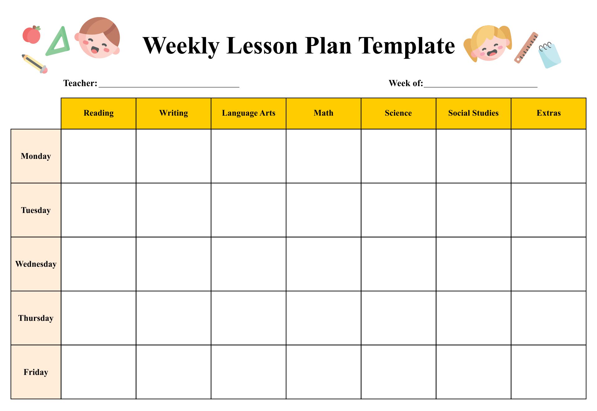 Blank Preschool Weekly Lesson Plan Template