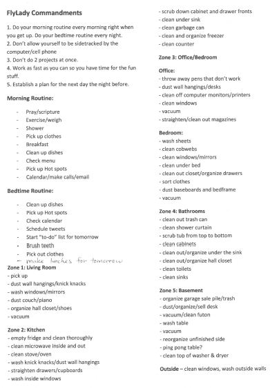 FlyLady Zone Cleaning List Printable