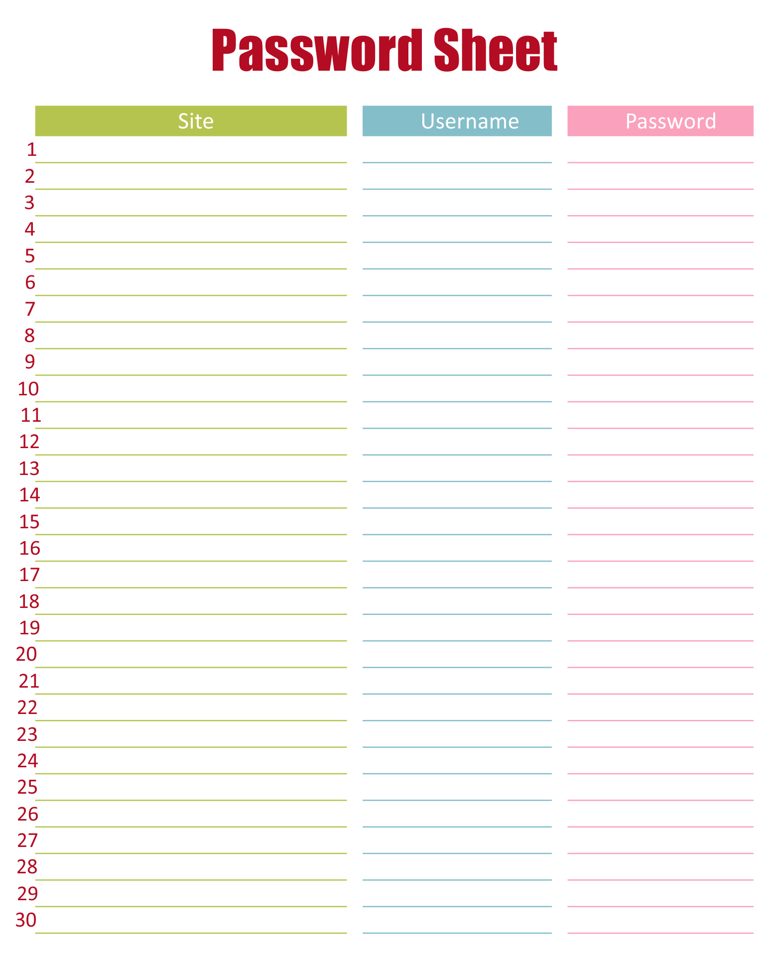  Printable Password Log Sheets