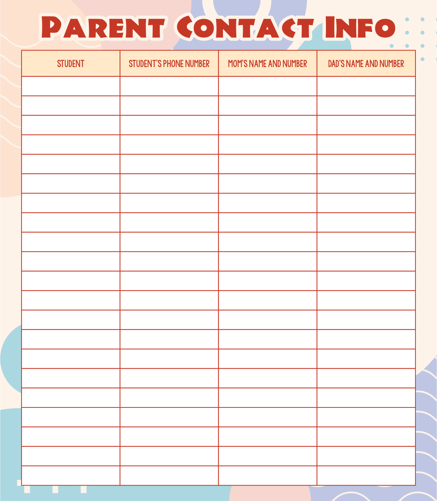 Printable Number and Name List