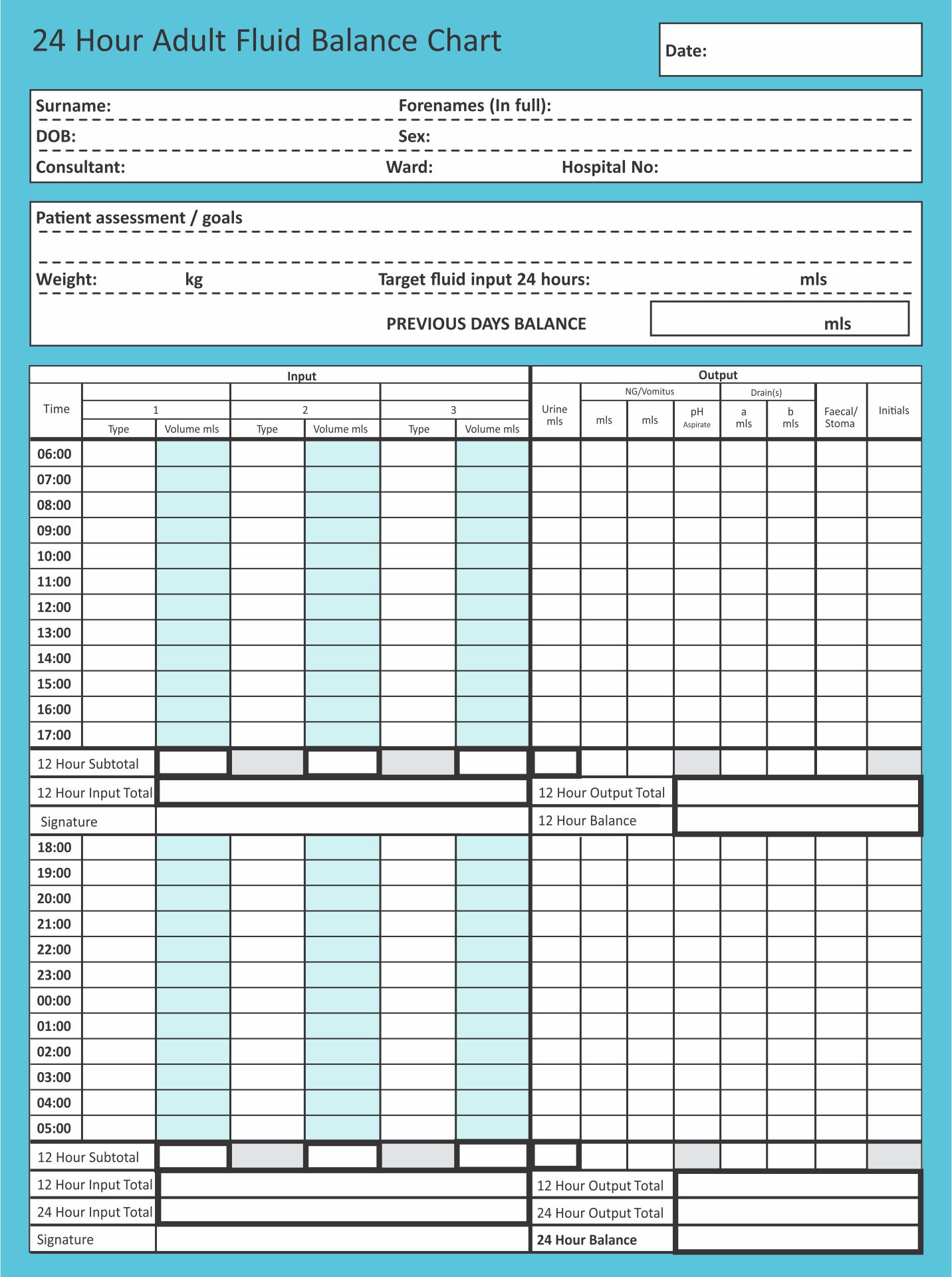 Printable Fluid Intake Chart Template