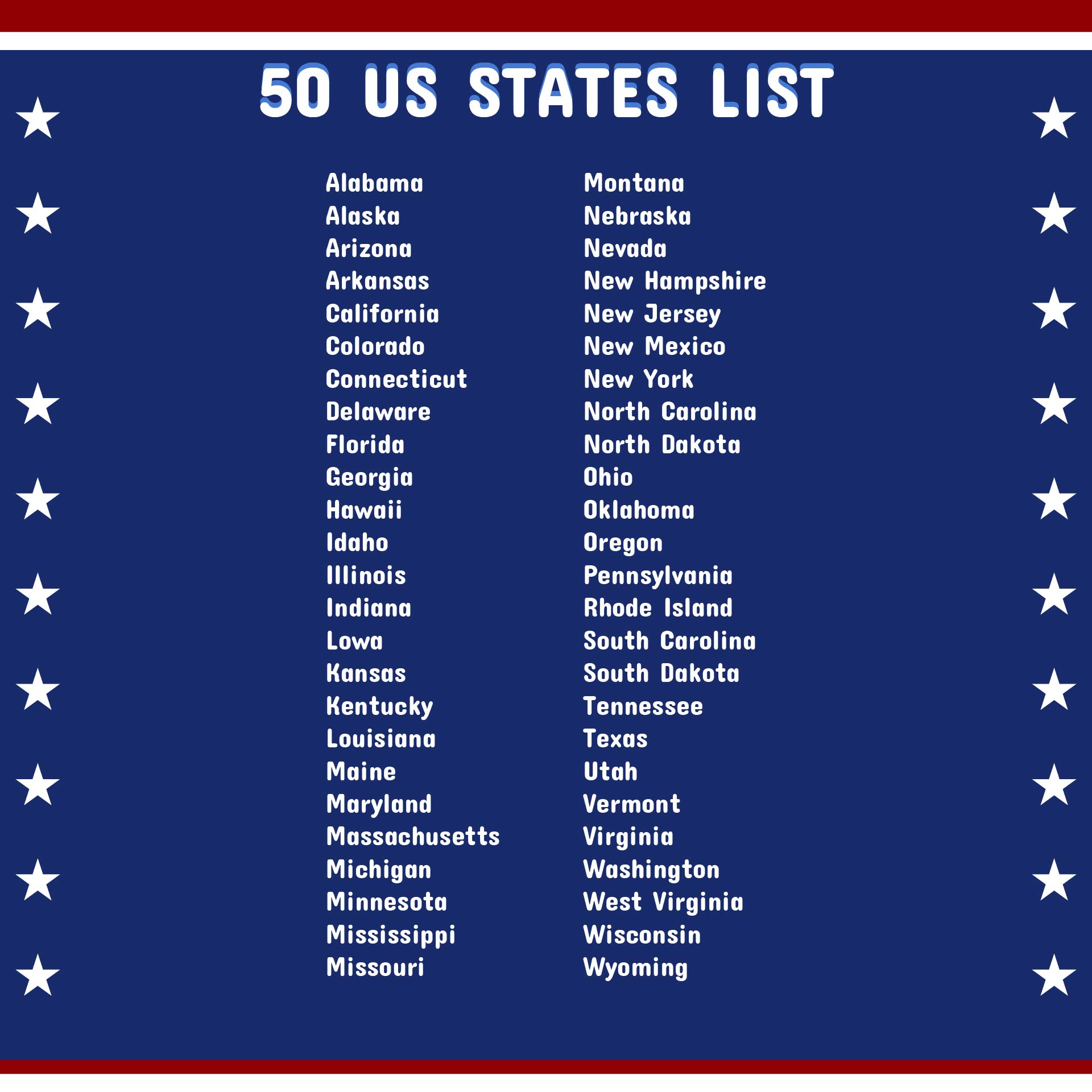List All 50 States Printable