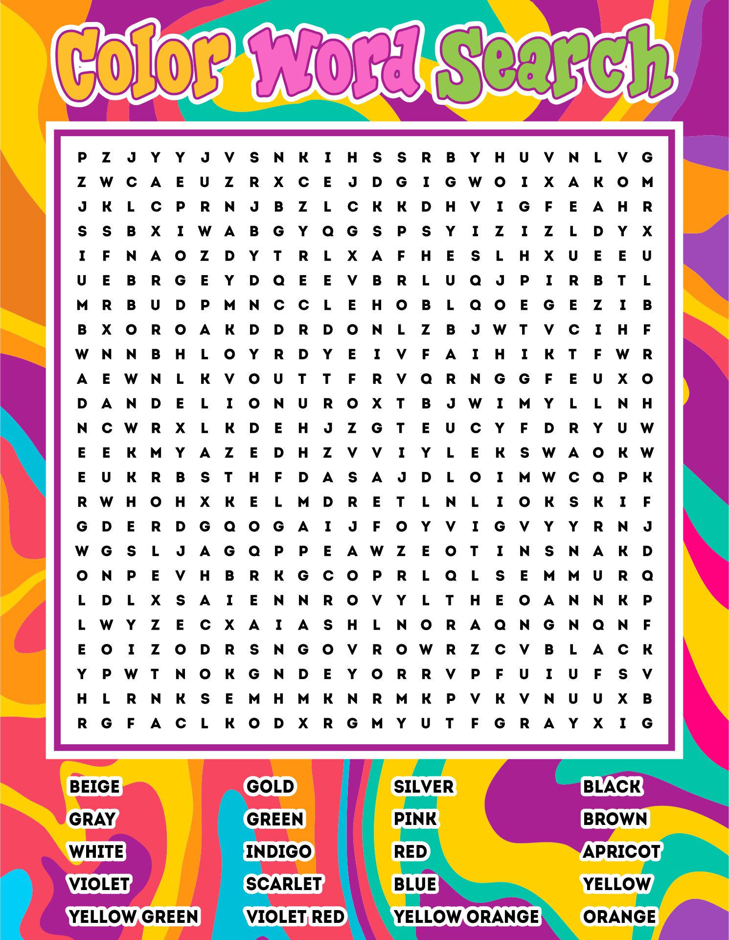 Printable Color Word Search Puzzle