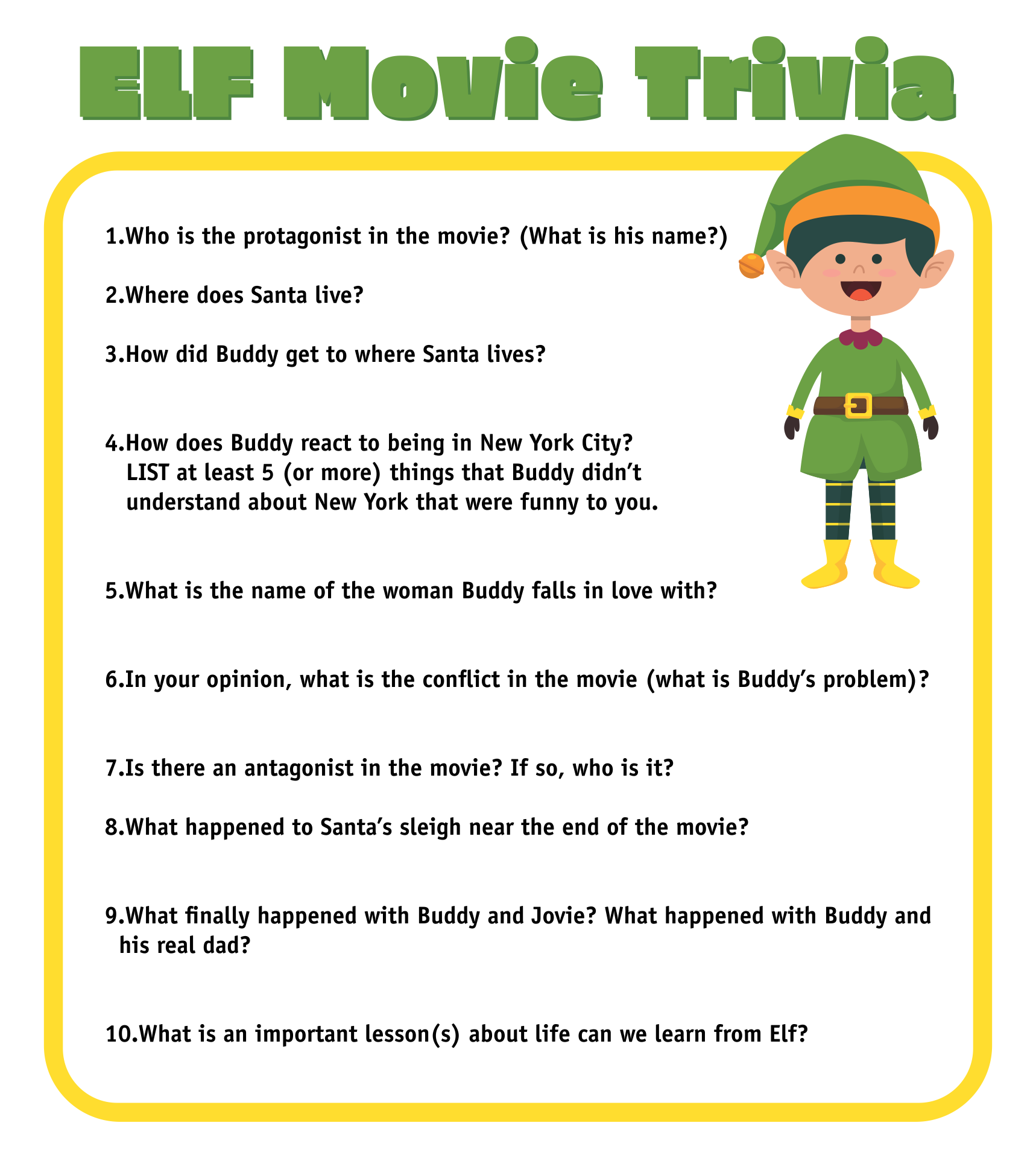 Elf Movie Trivia Printable