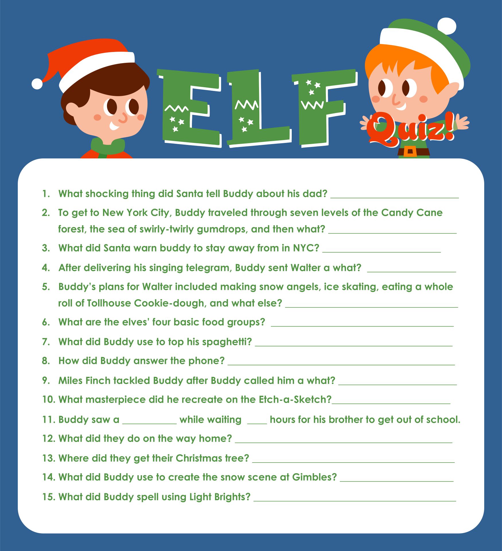 Elf Christmas Movie Trivia Printable