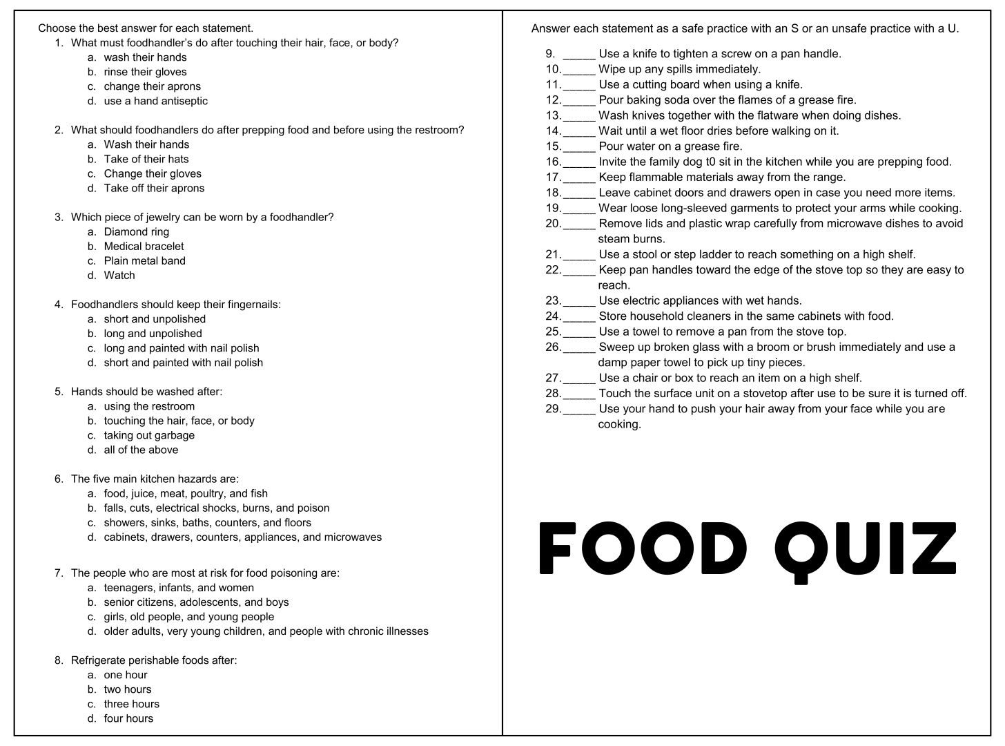 Printable Food Trivia