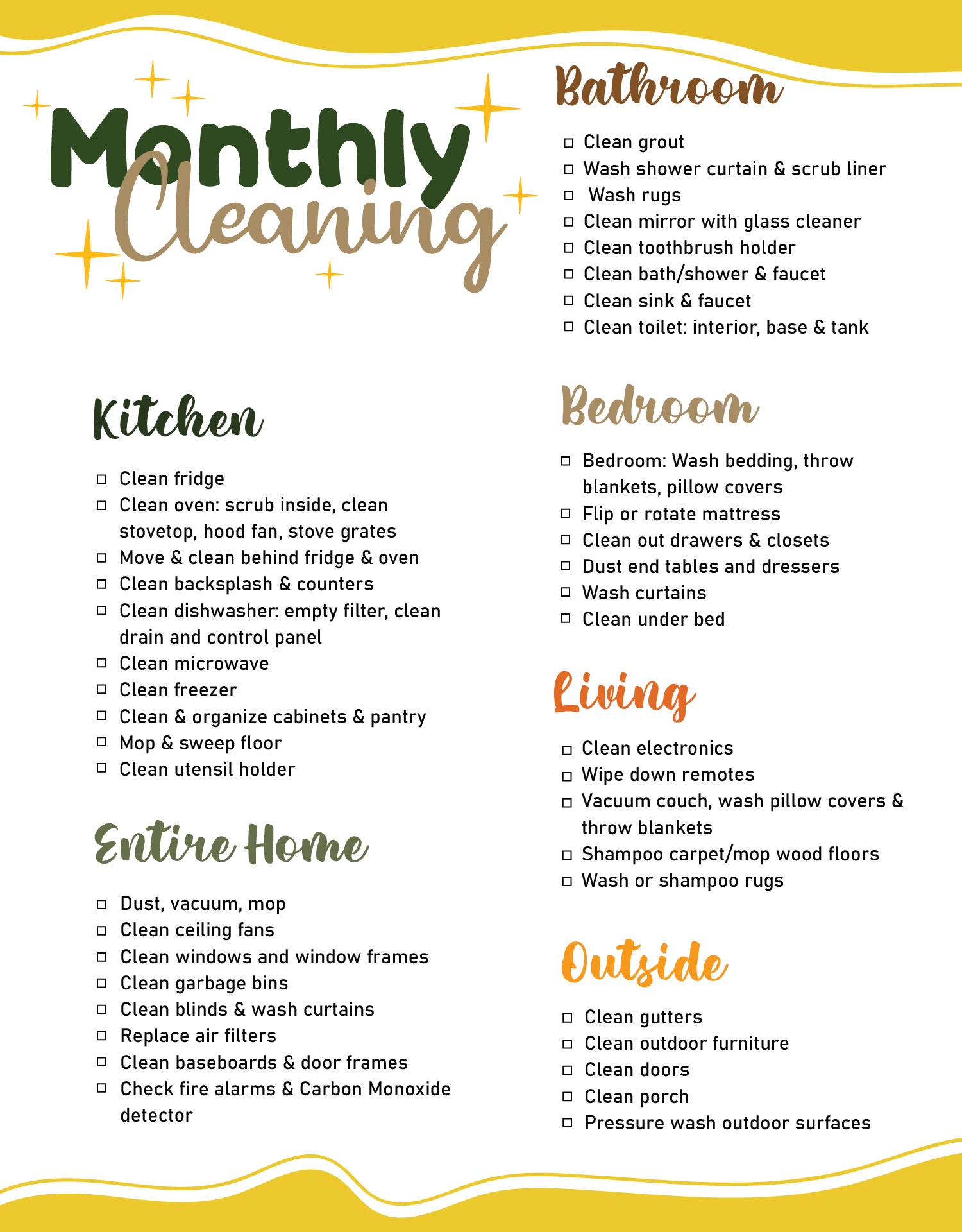 Monthly Cleaning Checklists Printables