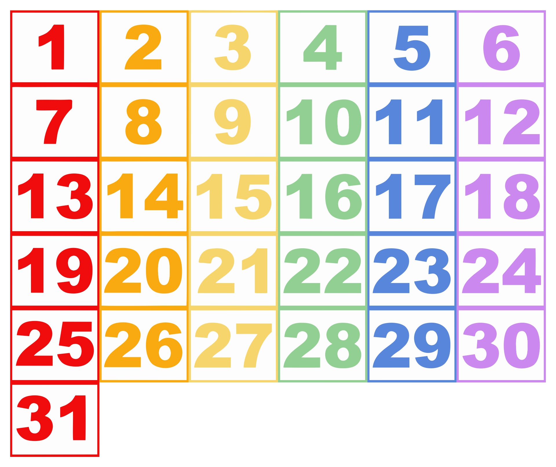 Printable Calendar Numbers 1-31