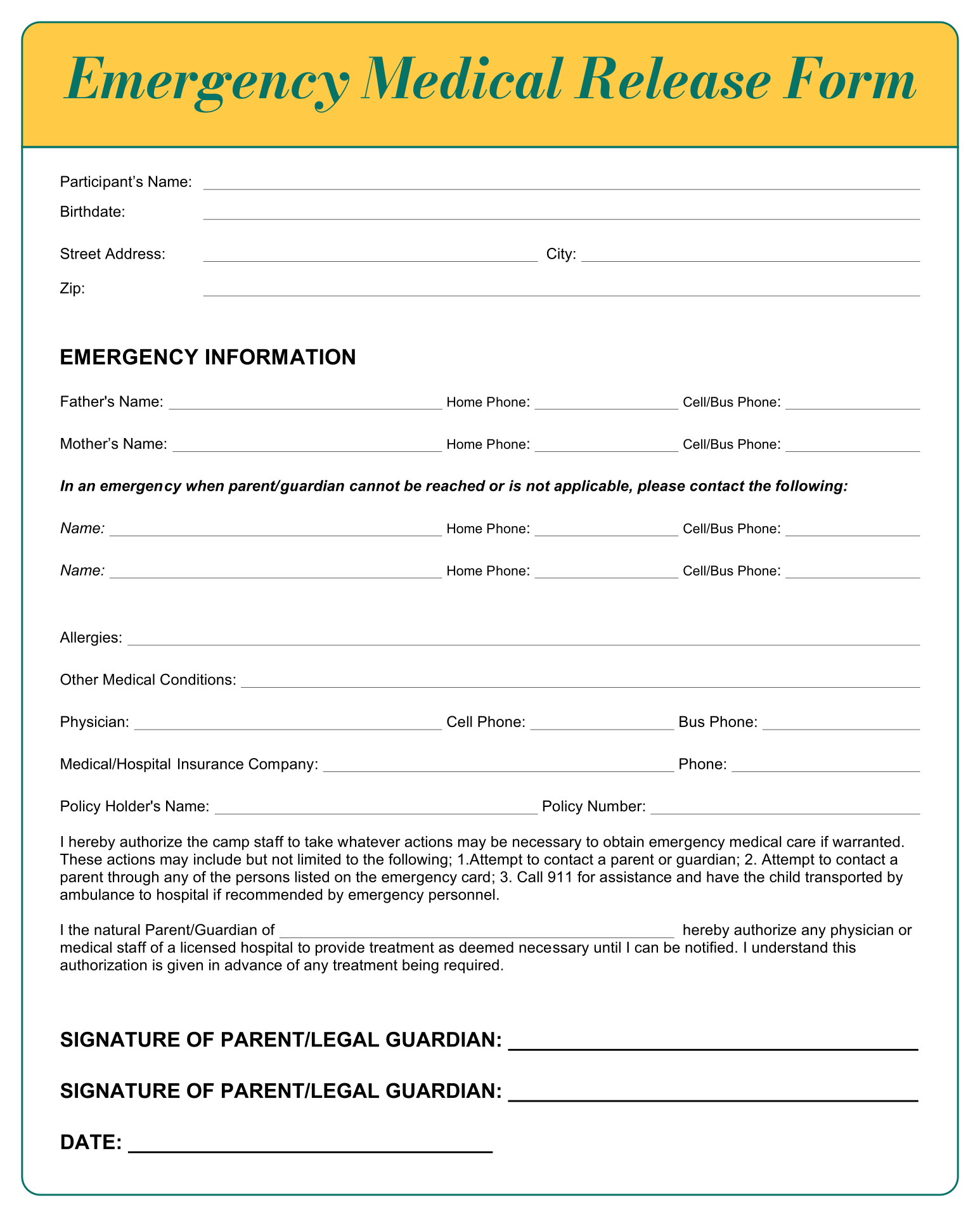 Printable Emergency Medical Release Form