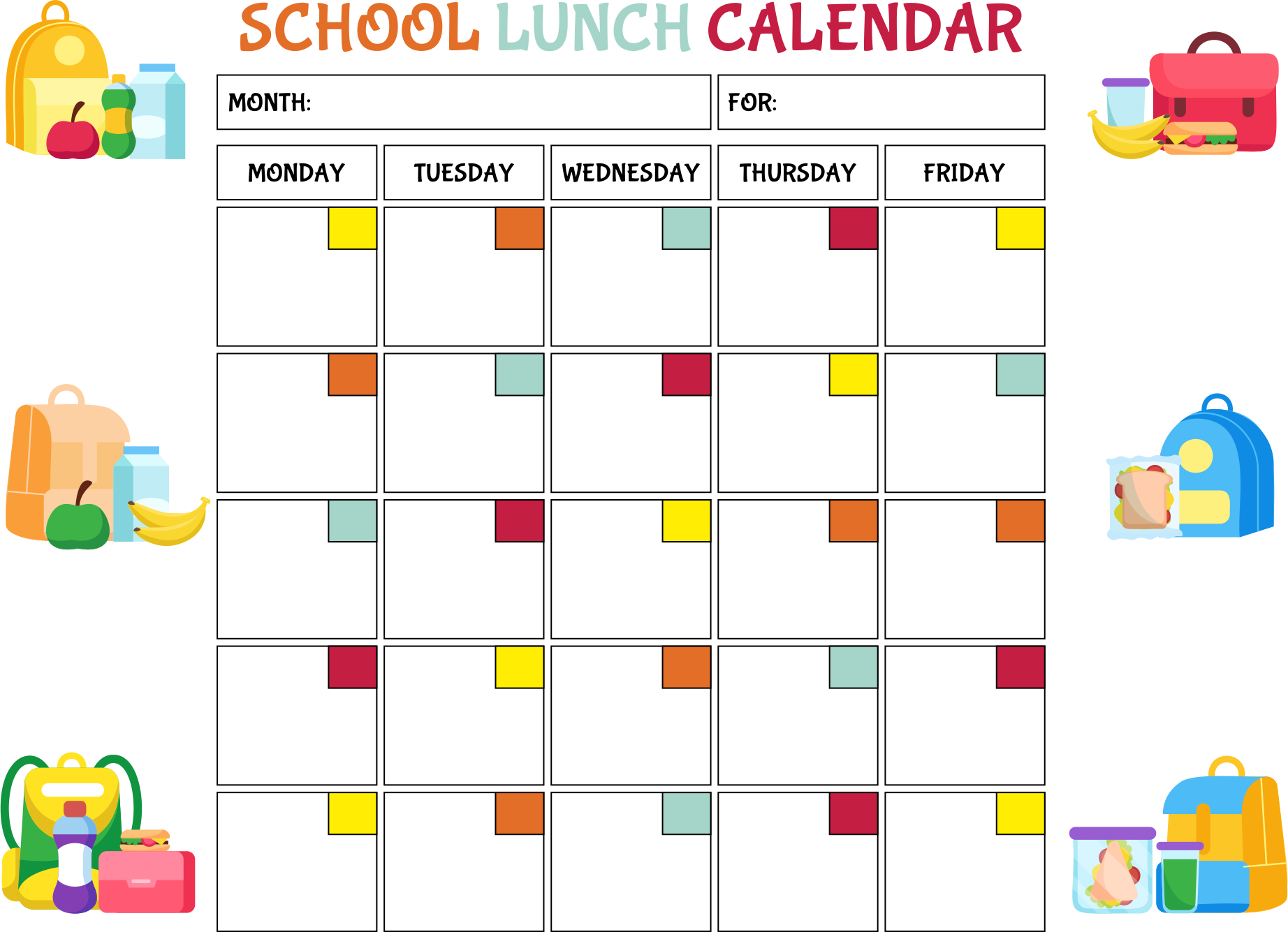 School Lunch Calendar Templates