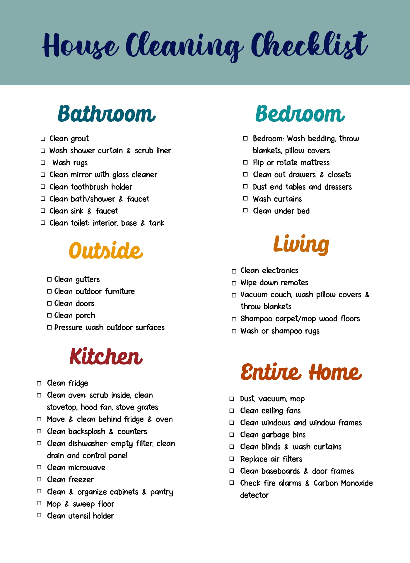 Weekly House Cleaning Schedule Checklist