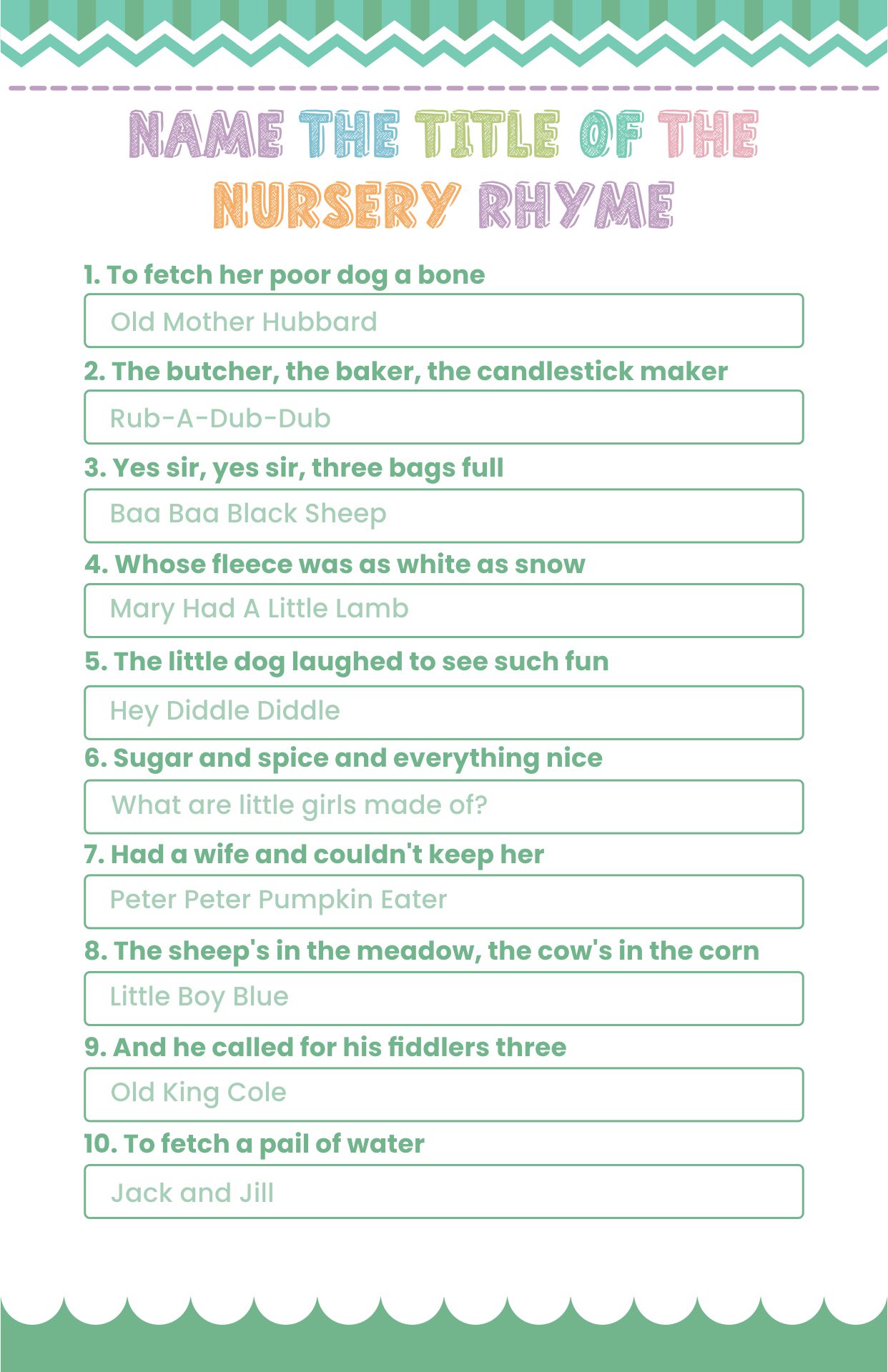 Baby Shower Nursery Rhyme Game Answers