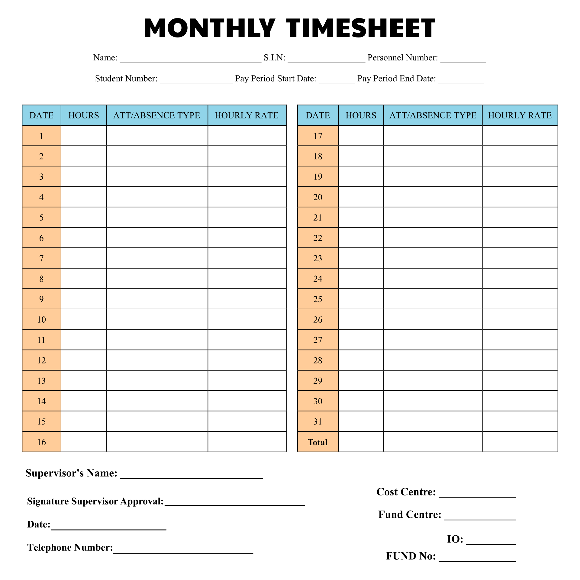 Blank Monthly Time Sheet Templates