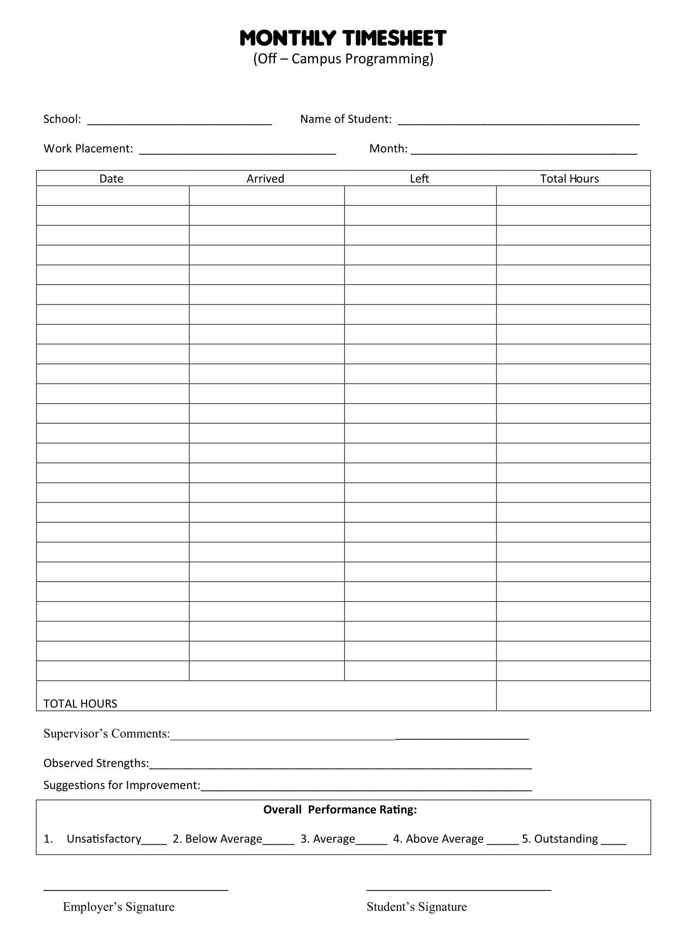 Printable Monthly Time Sheets