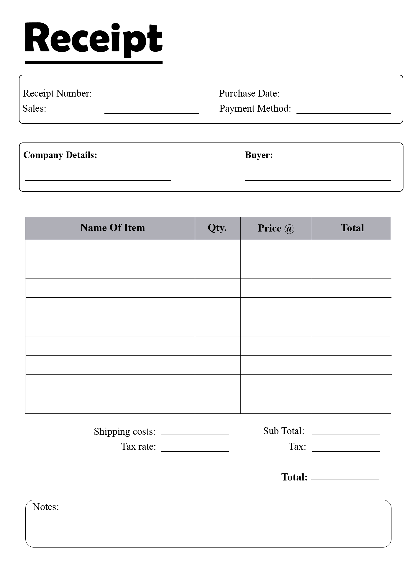 Printable Blank Receipt Template