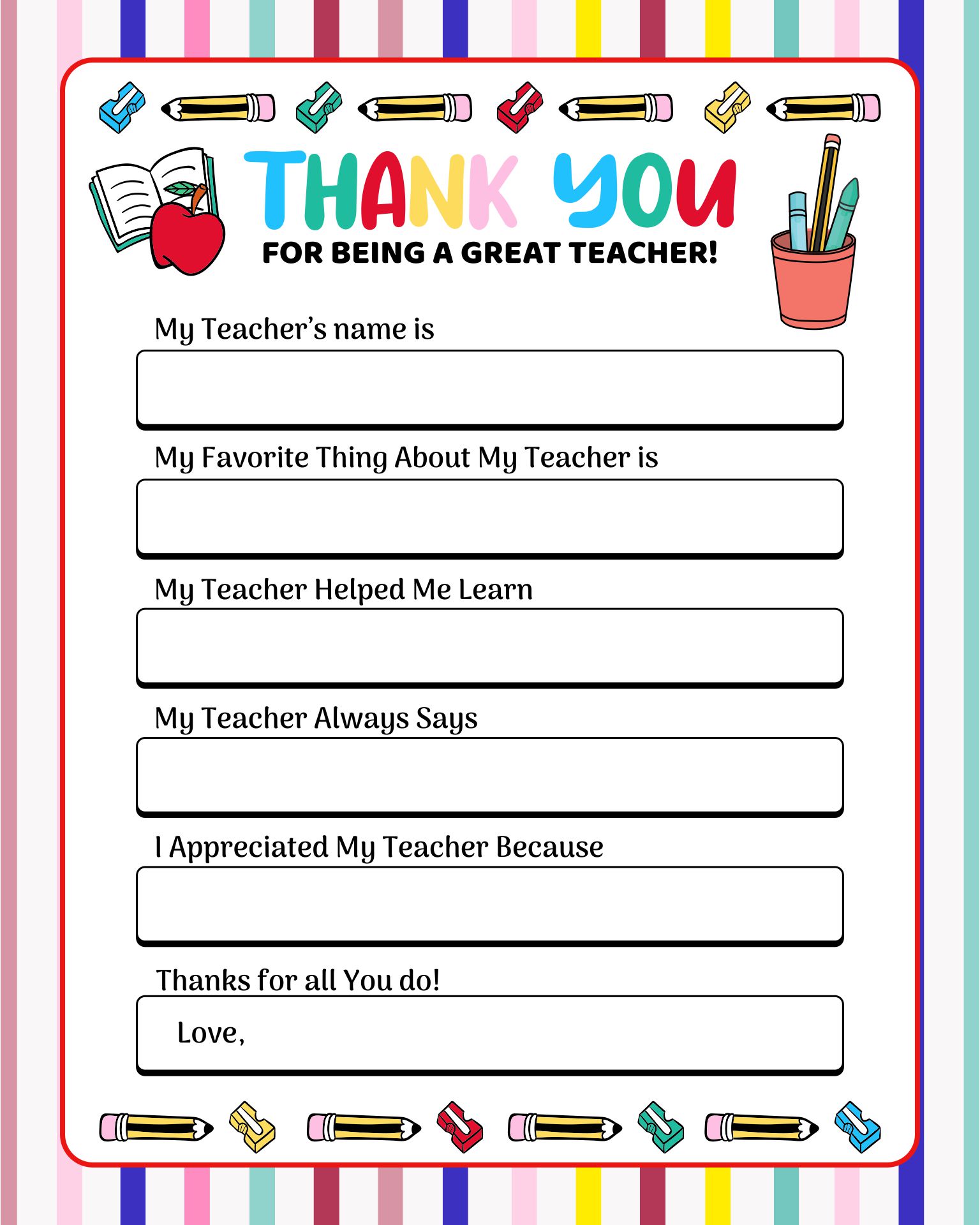 Kids Printable Note Cards for Teachers