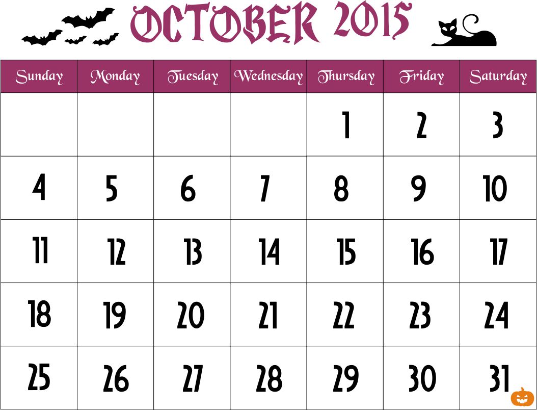 October Halloween Calendar 2015