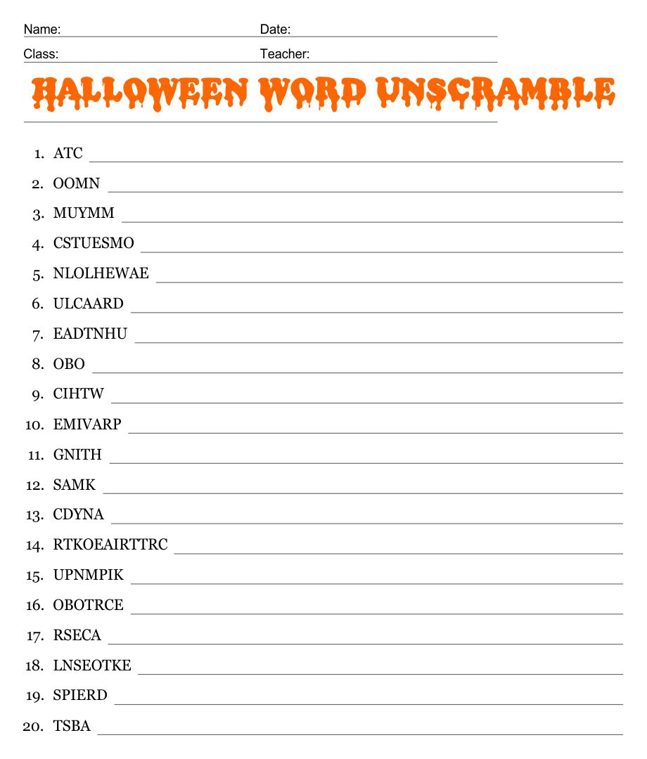 Halloween Unscramble Printable