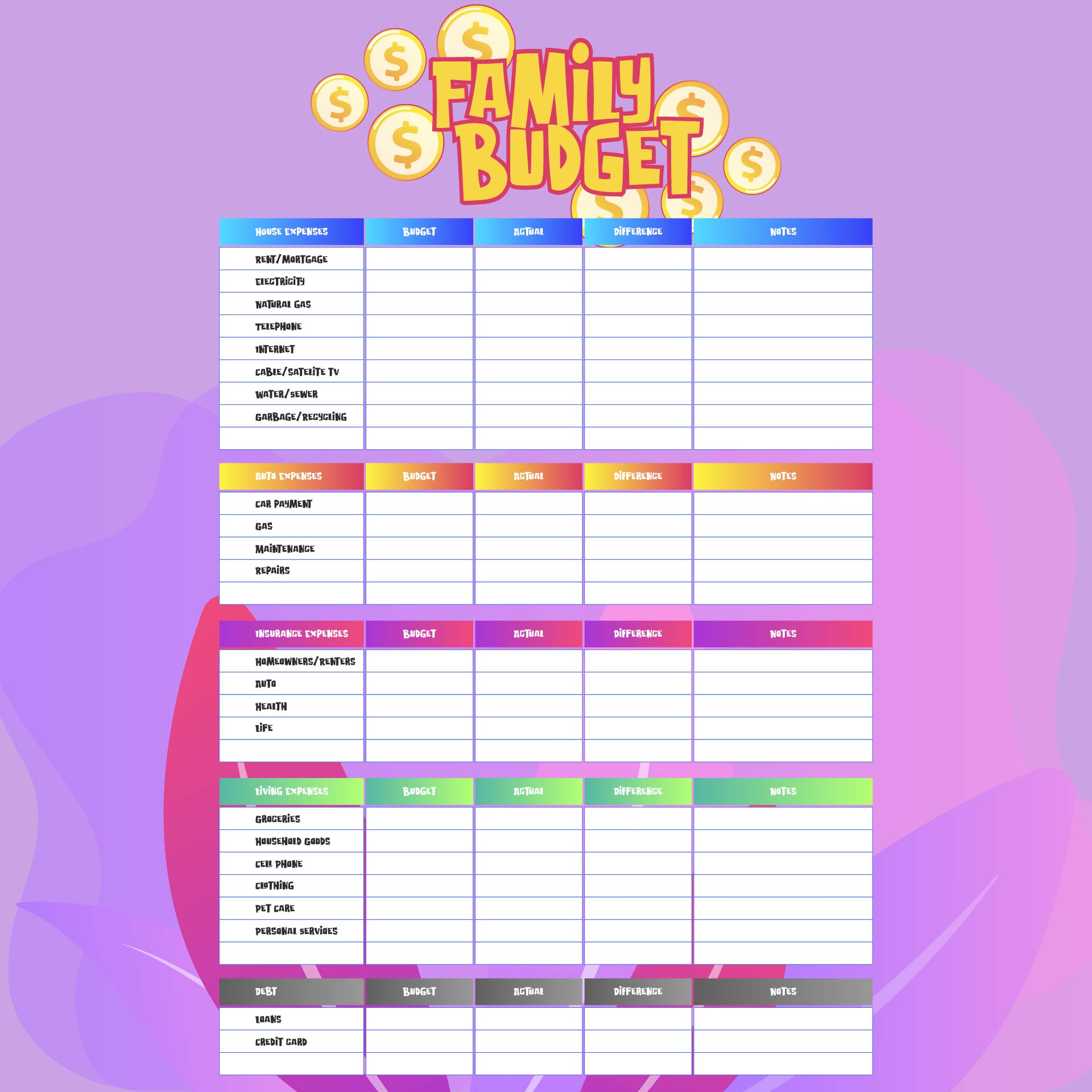 Free Monthly Budget Template Instant Download