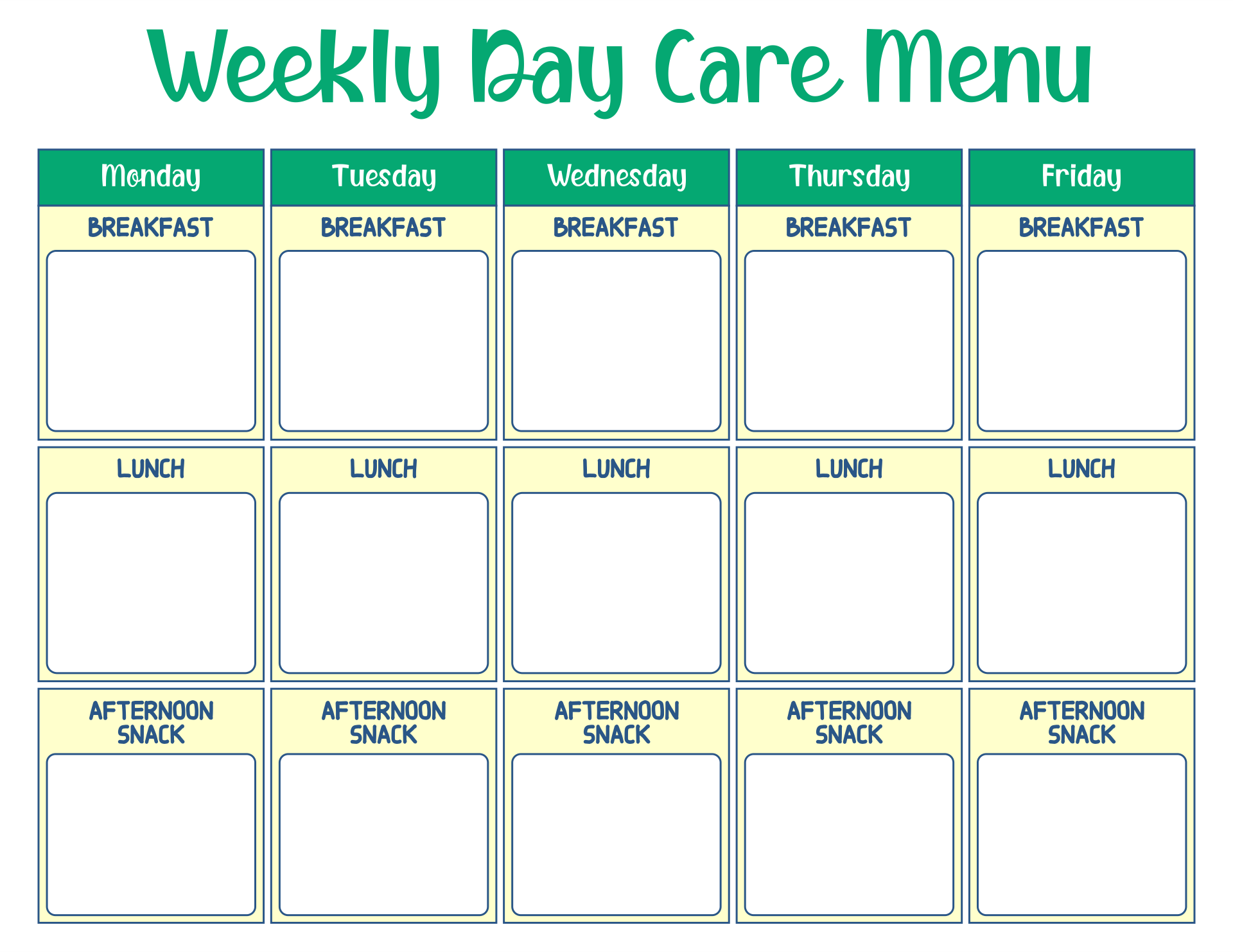 Weekly Day Care Menu Template