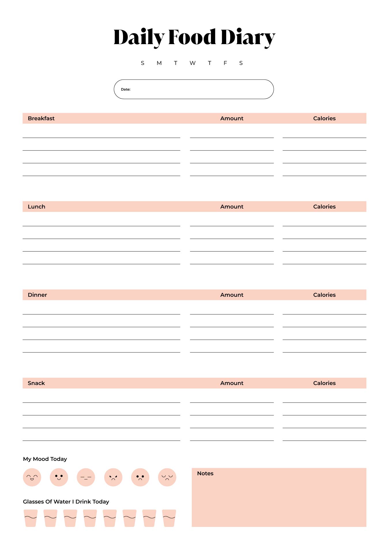 Daily Food Diary Template Printable