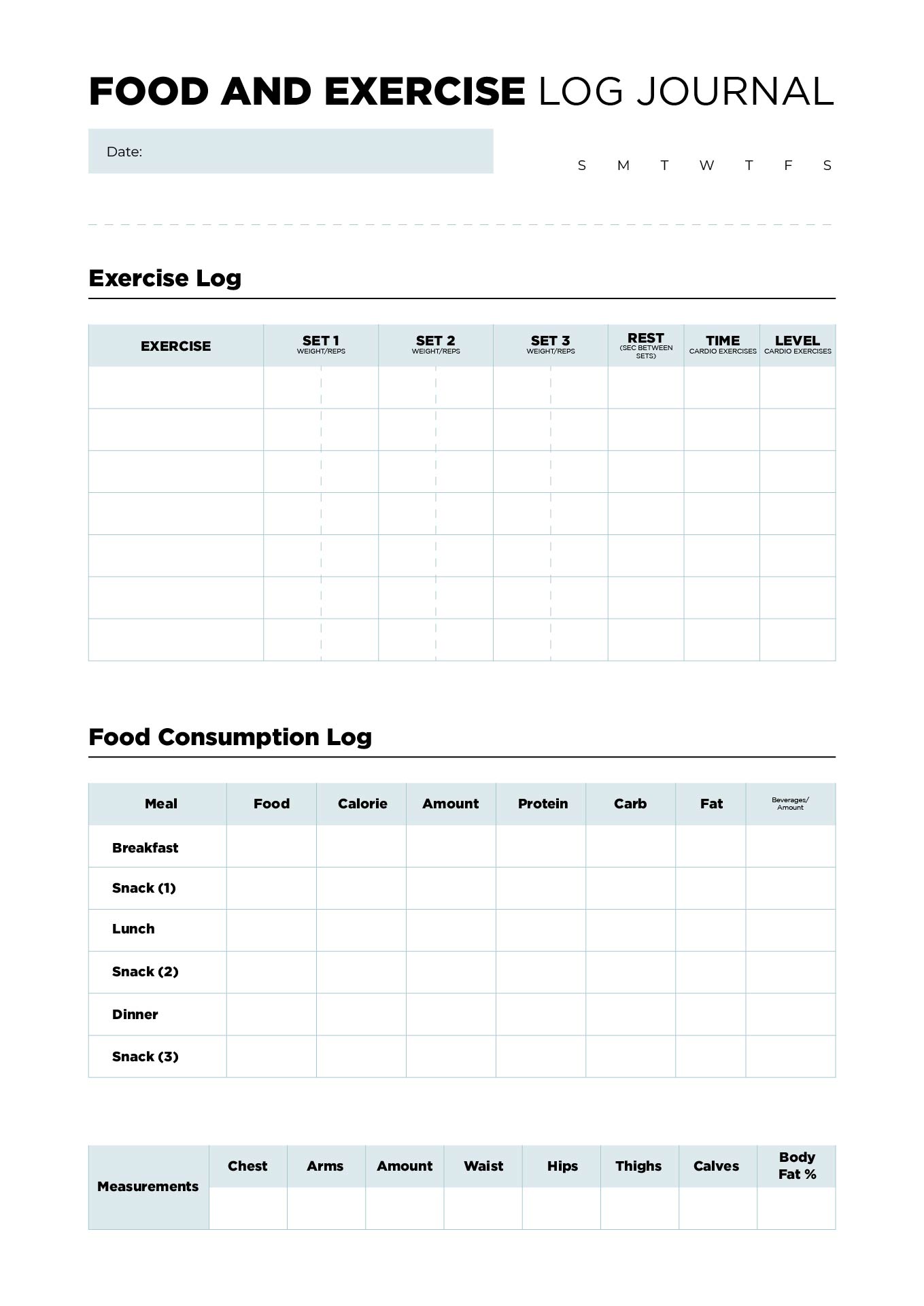 Printable Food and Exercise Log Journal