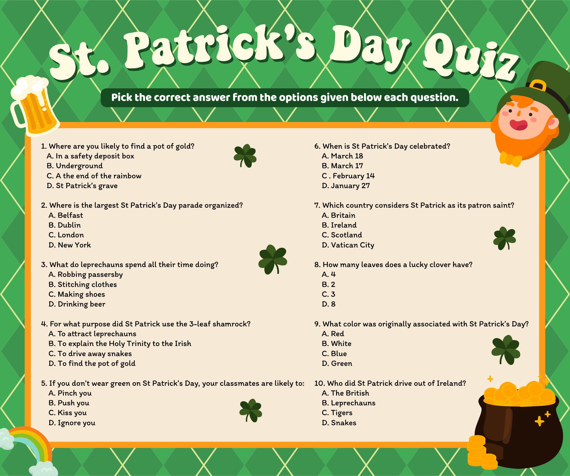 St. Patricks Day Printable Quiz