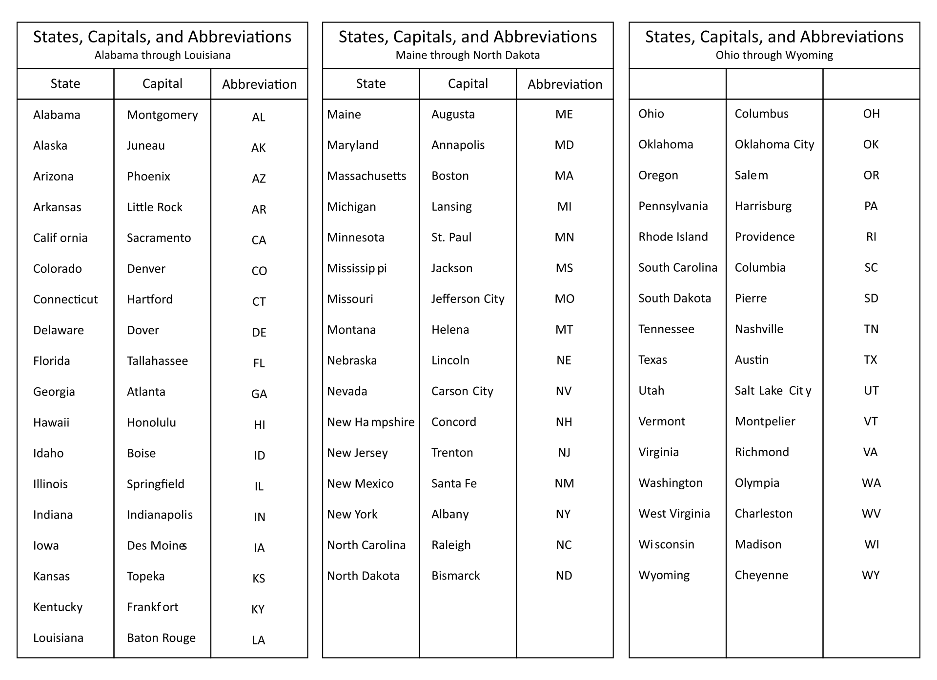 10 Best Us State Capitals List Printable