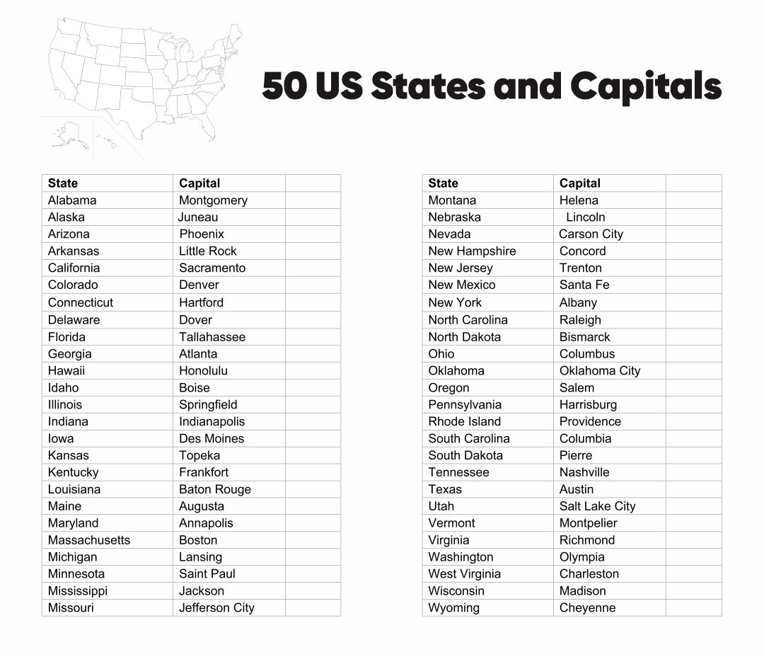 50 States Capitals List Printable