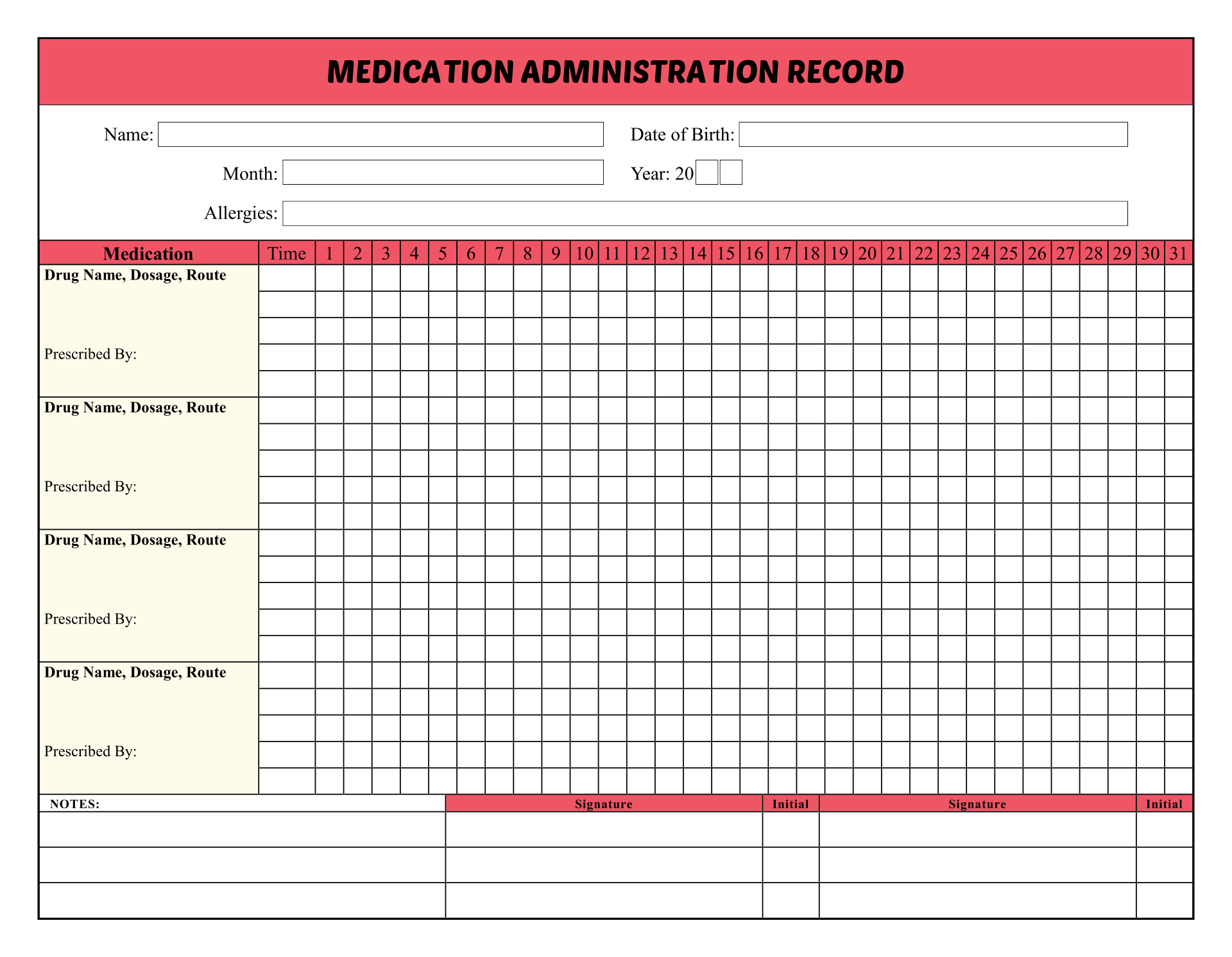 Blank Monthly Medication Administration Record