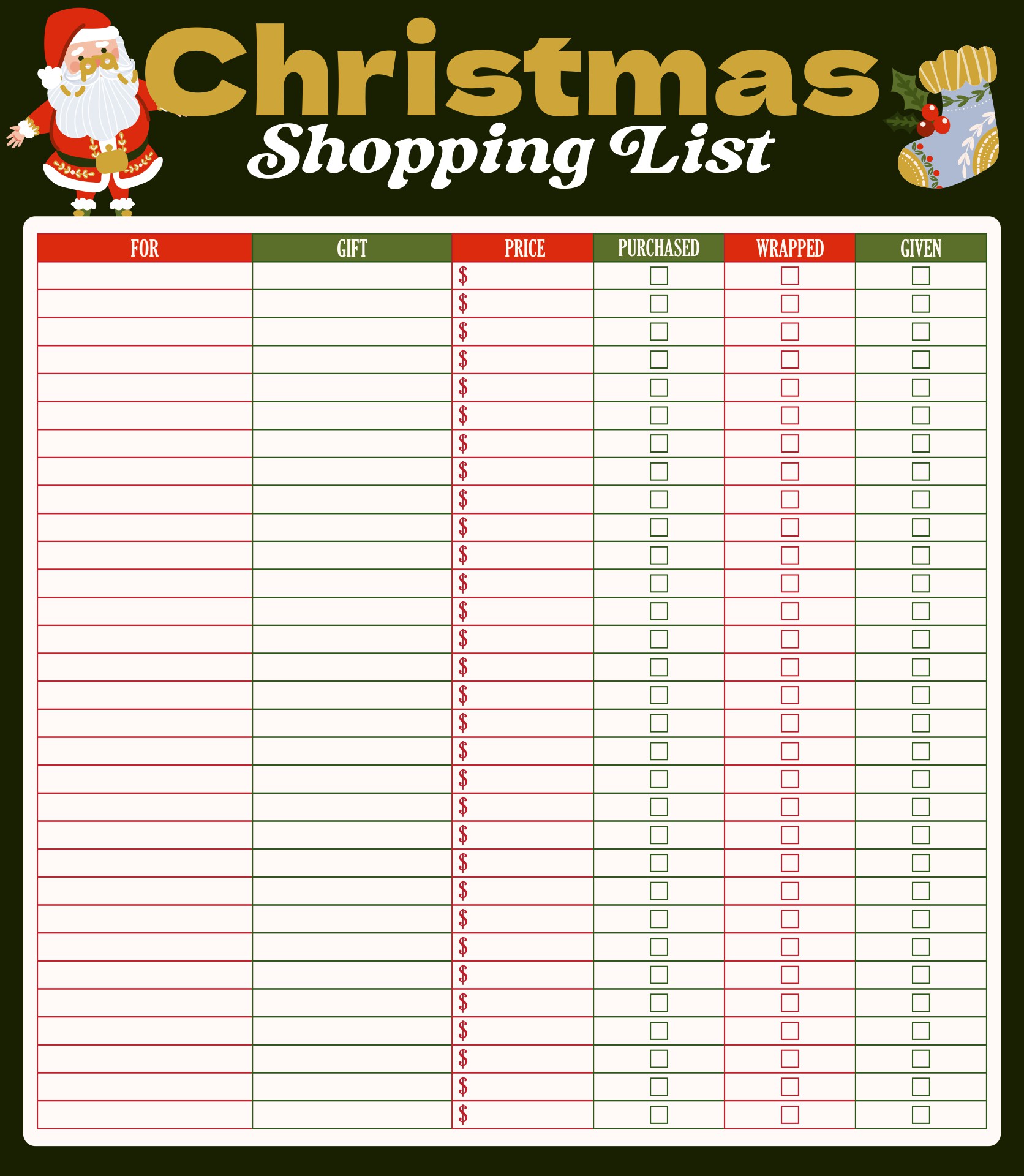 Christmas Shopping List Printable