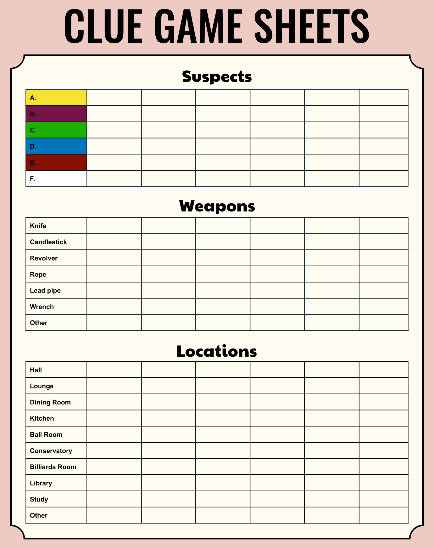 Clue Game Printable Score Sheets