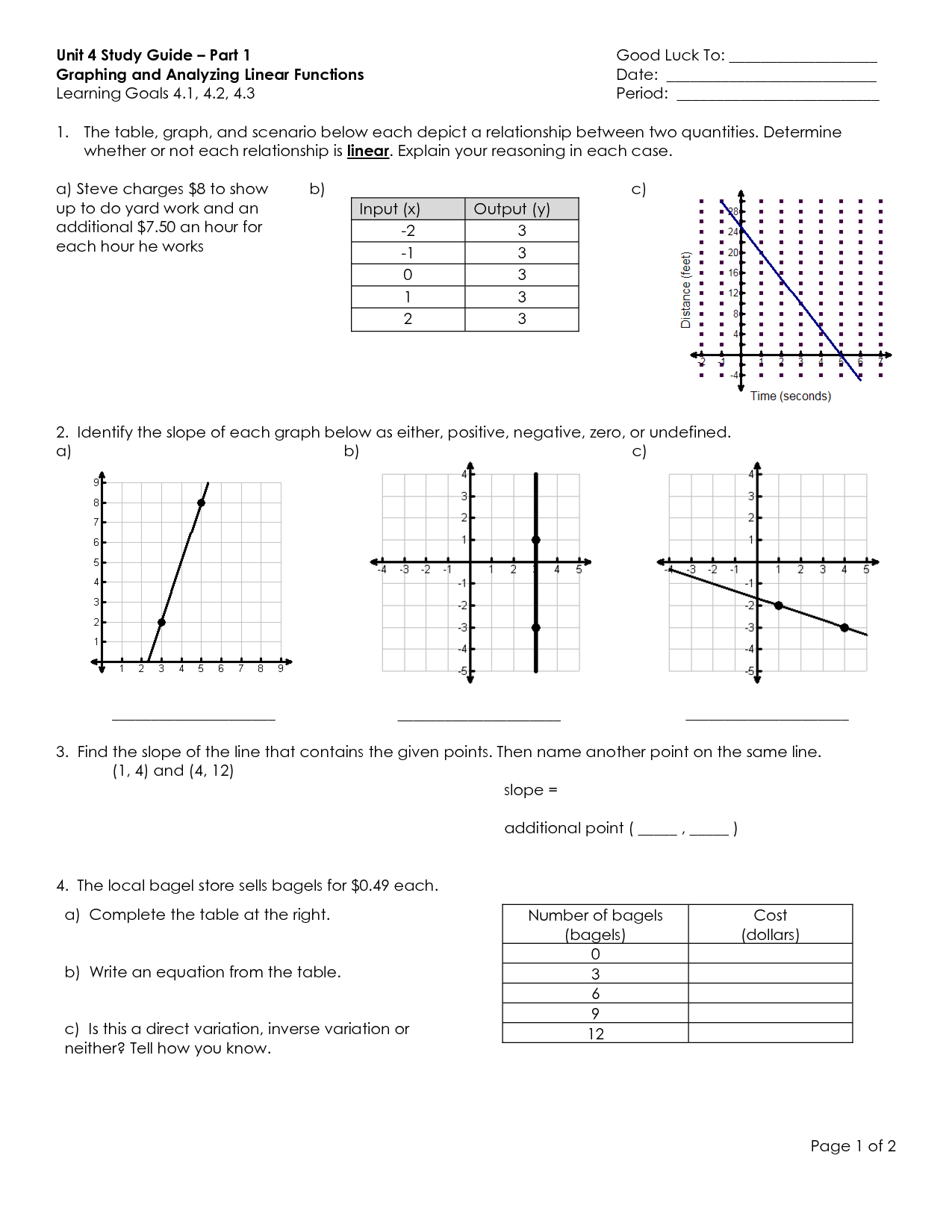 Linear Function Tables and Graphs Worksheet