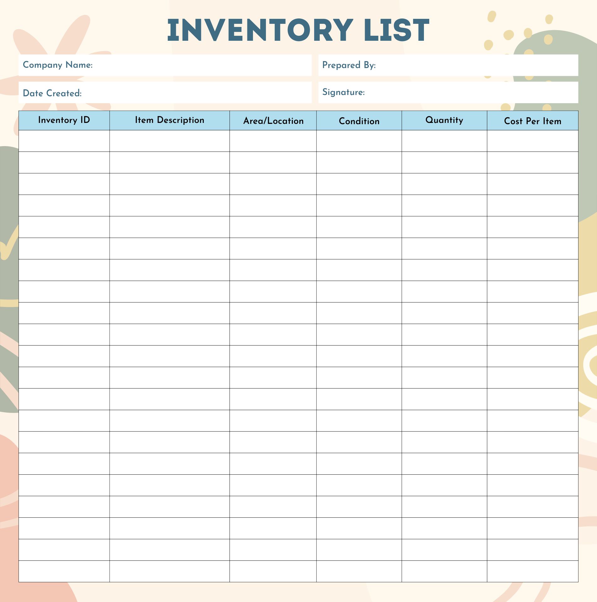 Printable Blank Inventory Worksheets