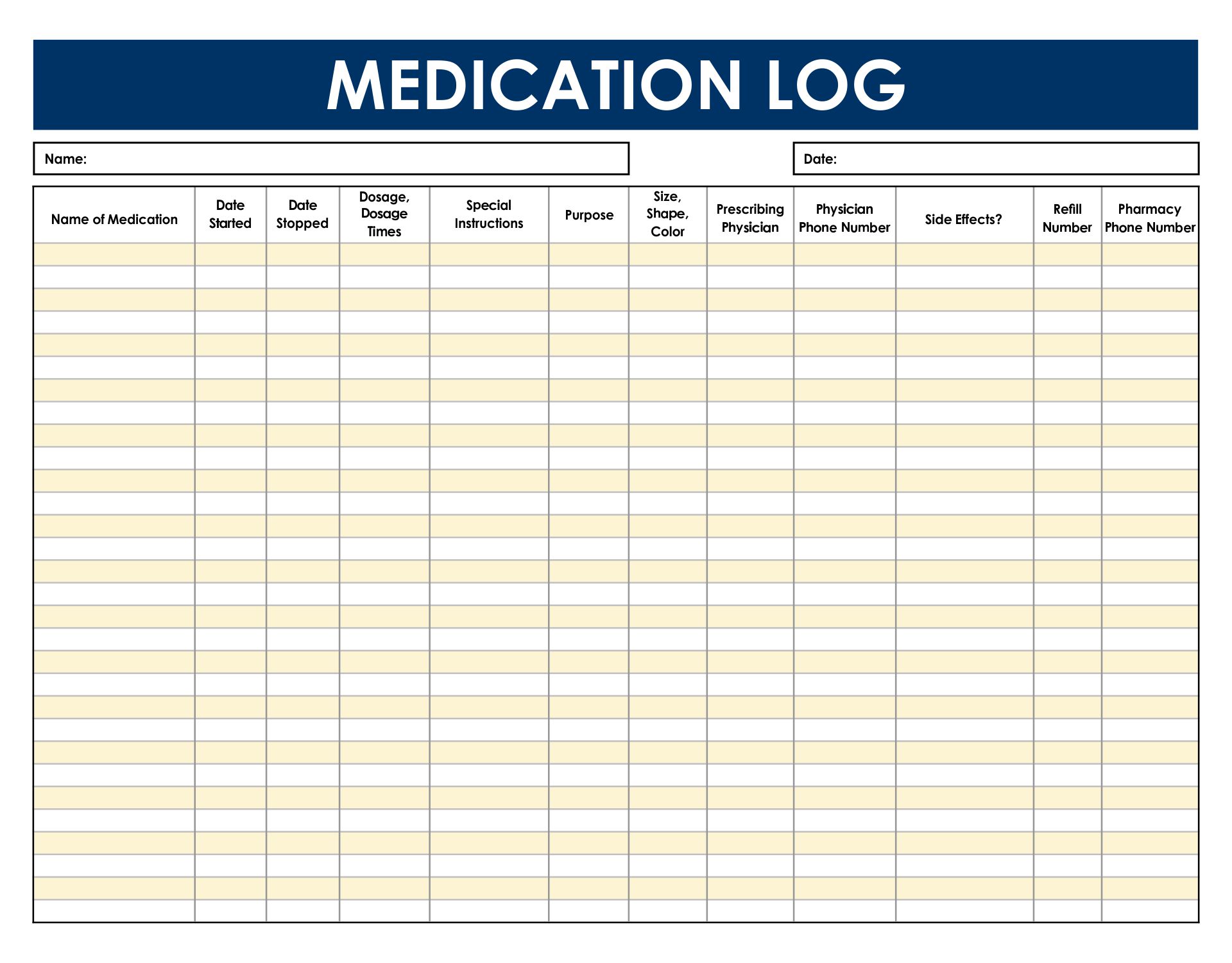 Printable Medication Log Sheet