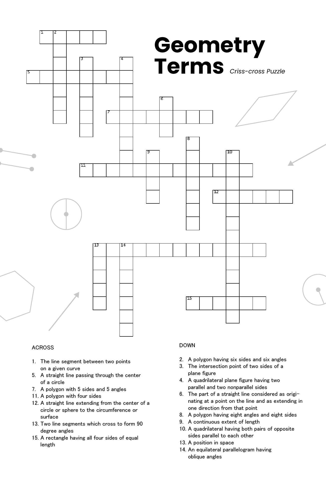 Math Crossword Puzzles with Answers