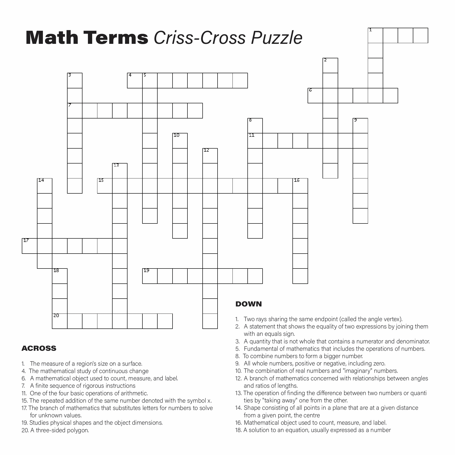 Geometry Crossword Puzzles Printable