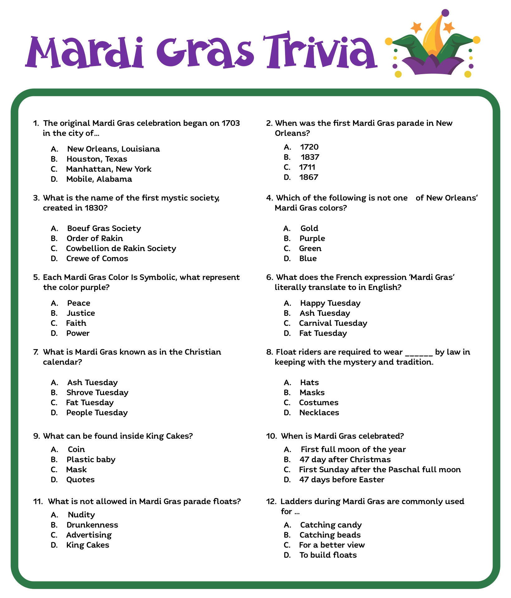 Printable Mardi Gras Trivia Questions