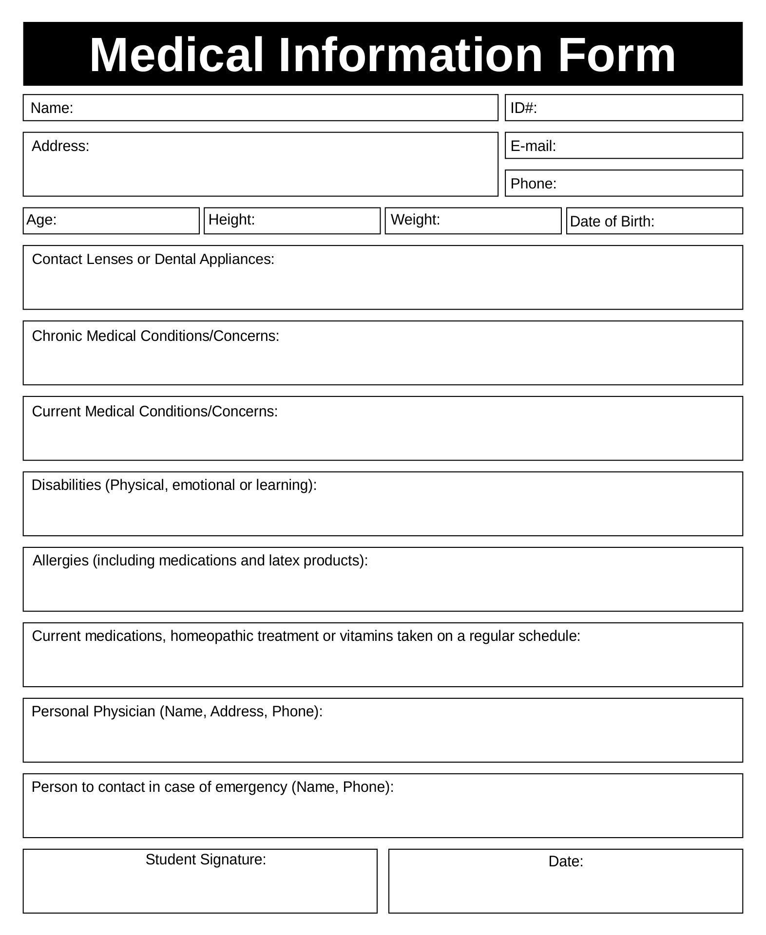 Printable Medical Information Sheets