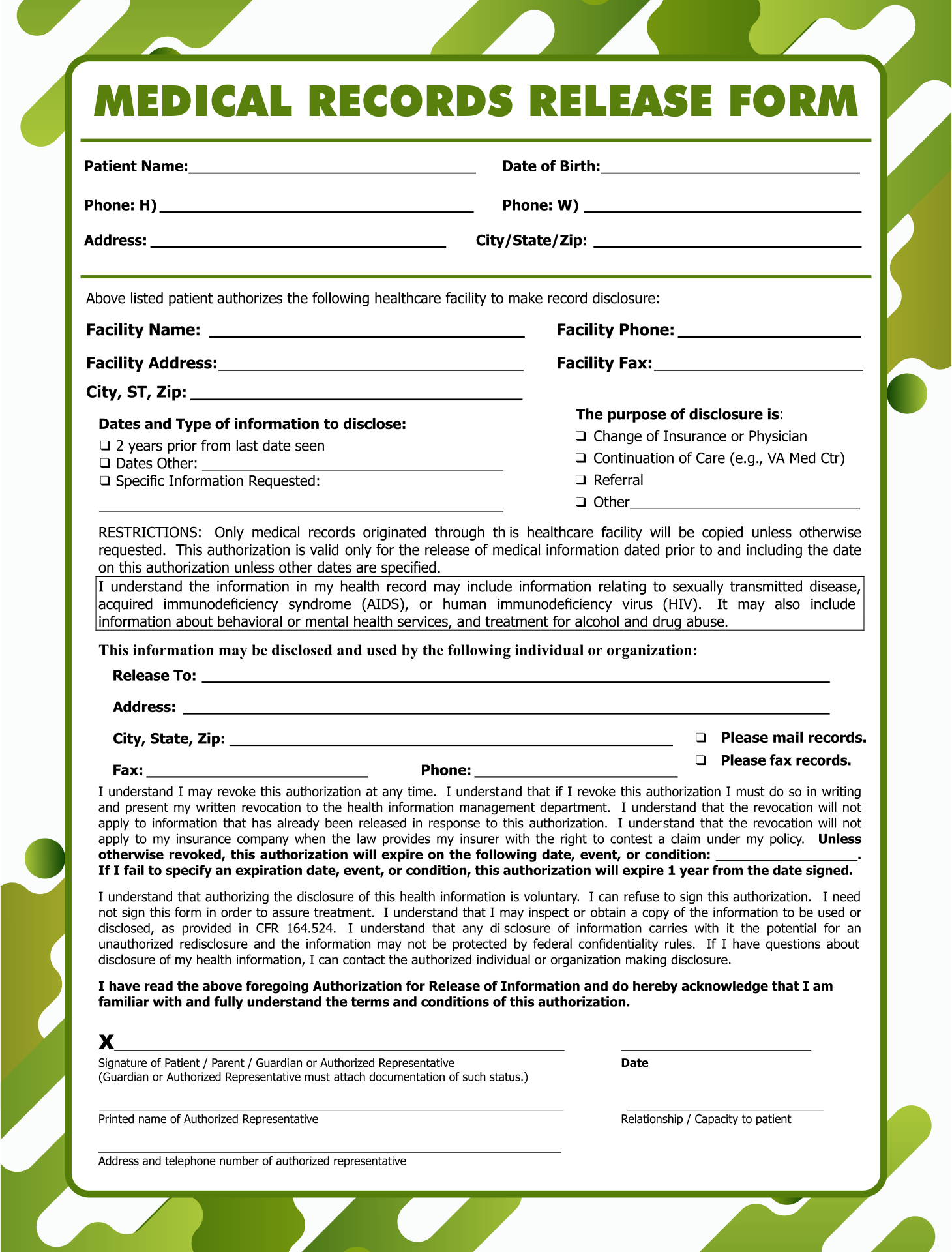 Generic Printable Medical Records Release Authorization Form