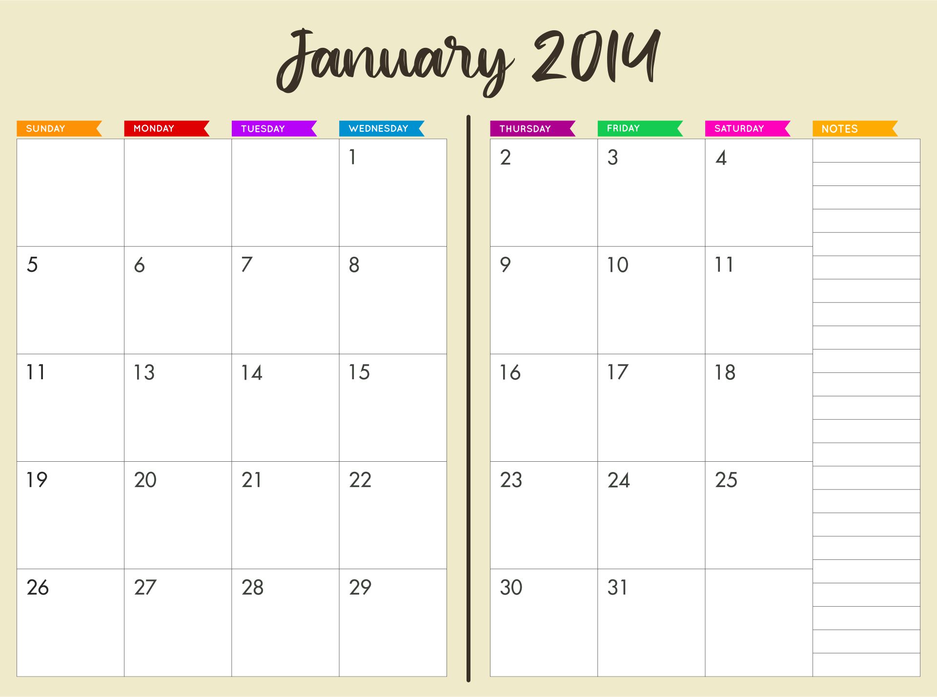 2 Page Monthly Calendar 2014 Printable