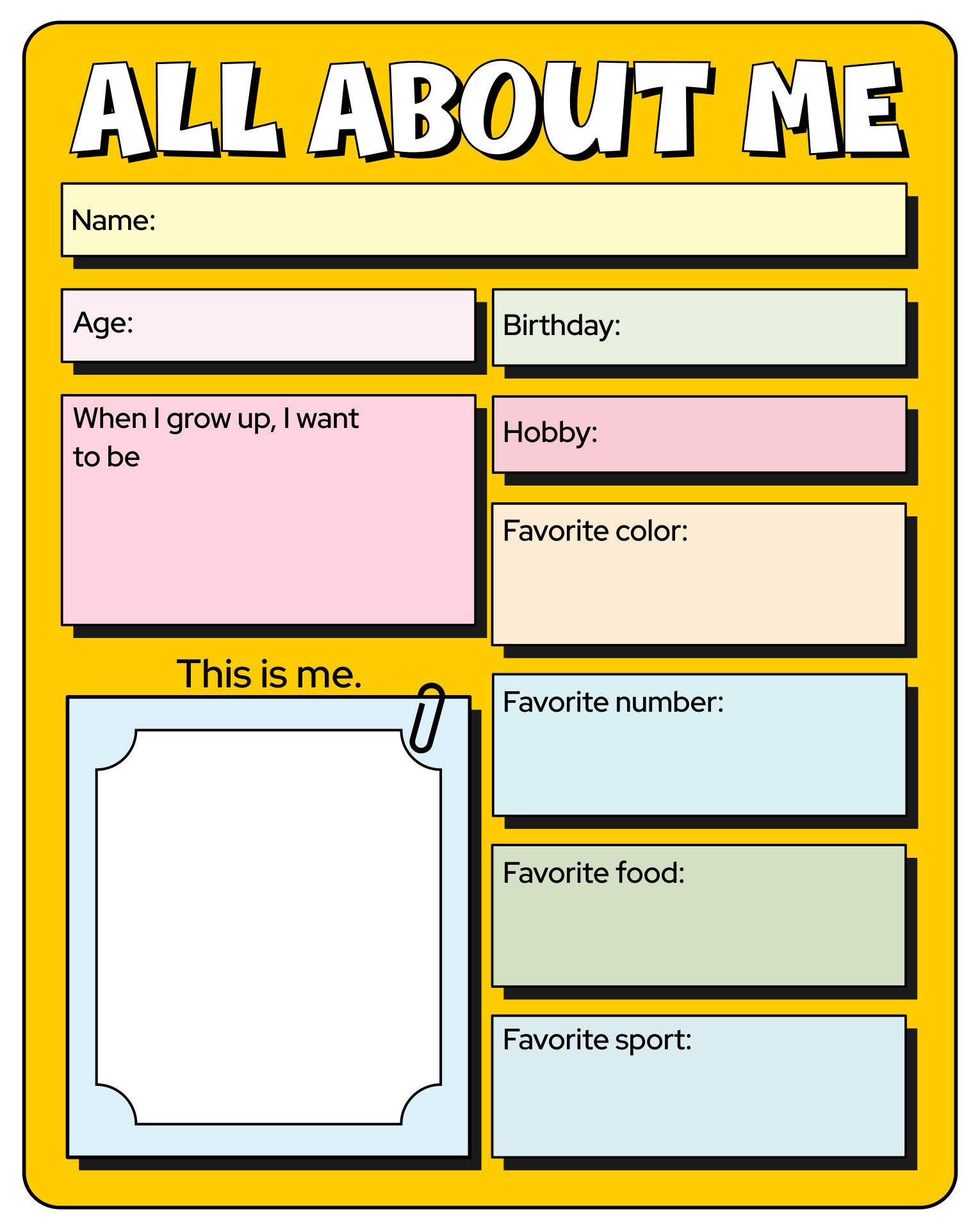 All About Me Worksheet Elementary