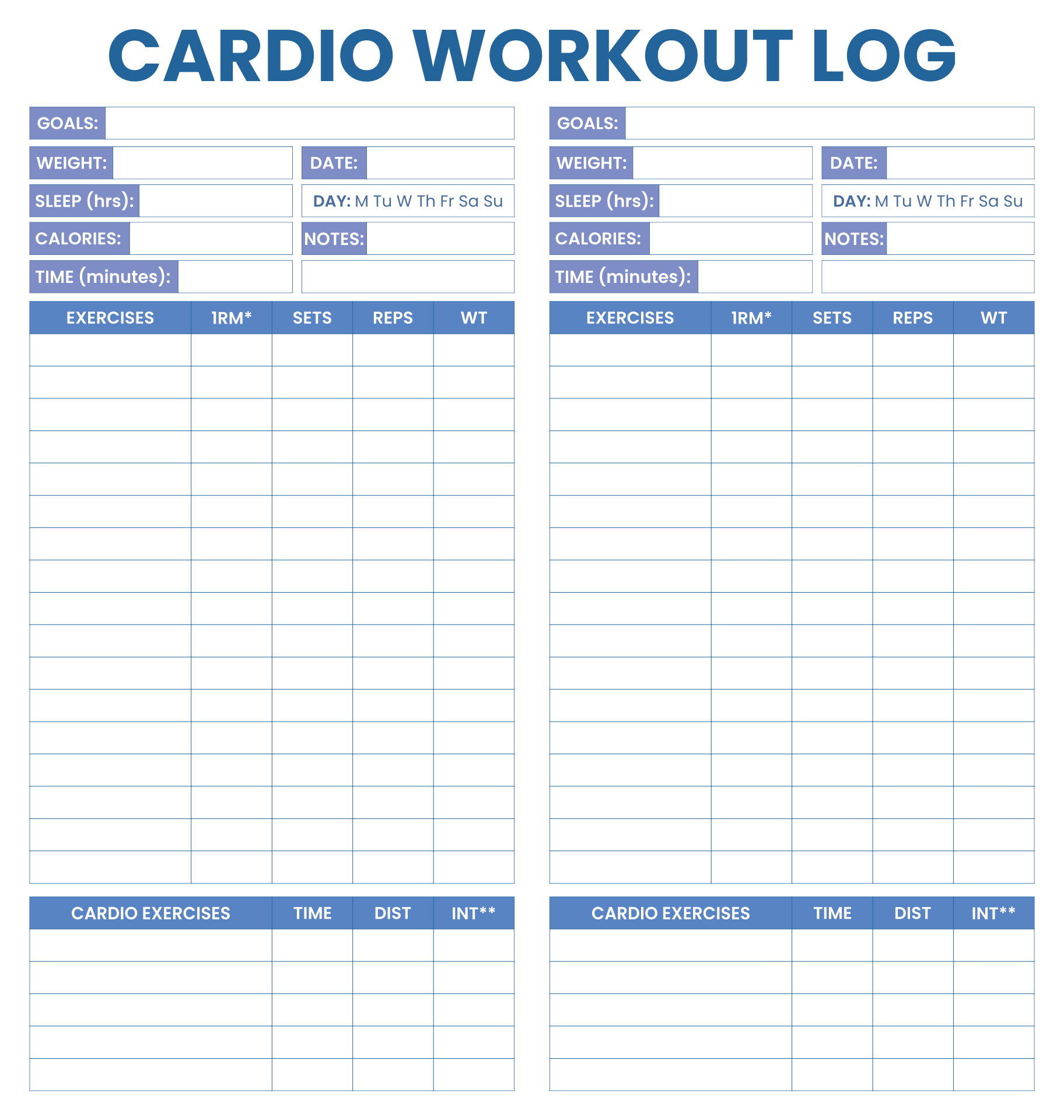 Cardio Workout Log Template